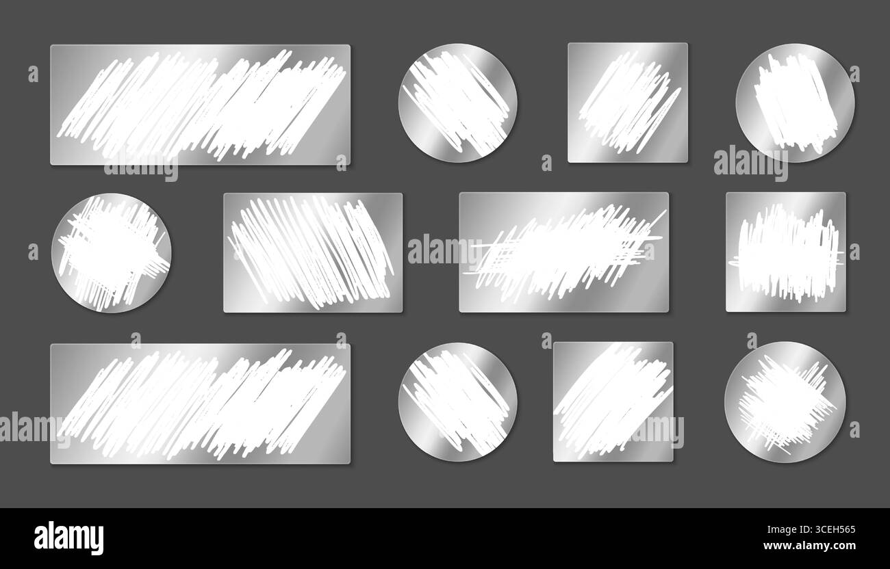 Silberne Rubbelkarten-Lottofelder mit Gewinnbereichen für Sofortgewinne. Rechteckige, quadratische und runde Formen mit strukturierten Oberflächen zum Kratzen von Münzen, um Belohnungen oder Werbe-Codes zu enthüllen. Stock Vektor