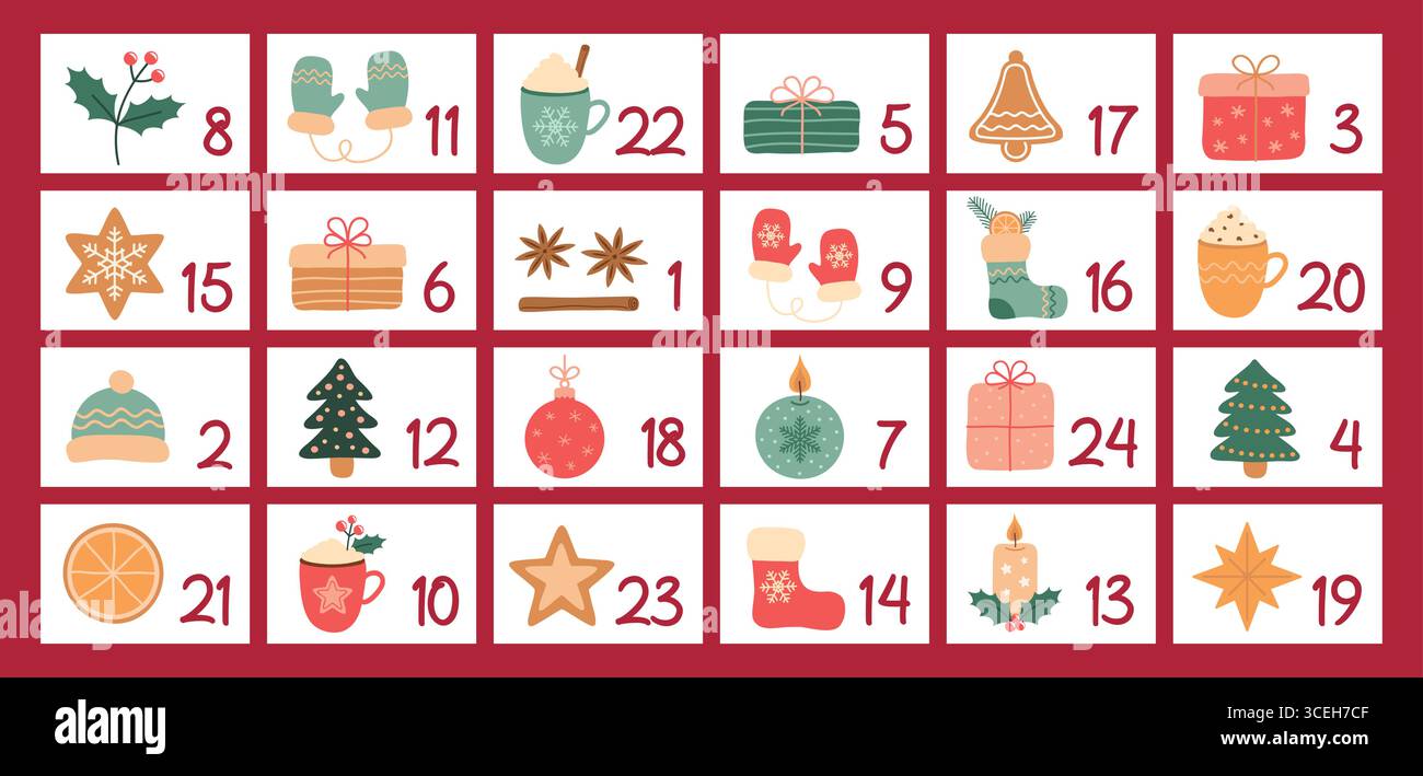 Bunter kindlicher Adventskalender 24 verschiedene Motive Vektor-Illustration Stock Vektor