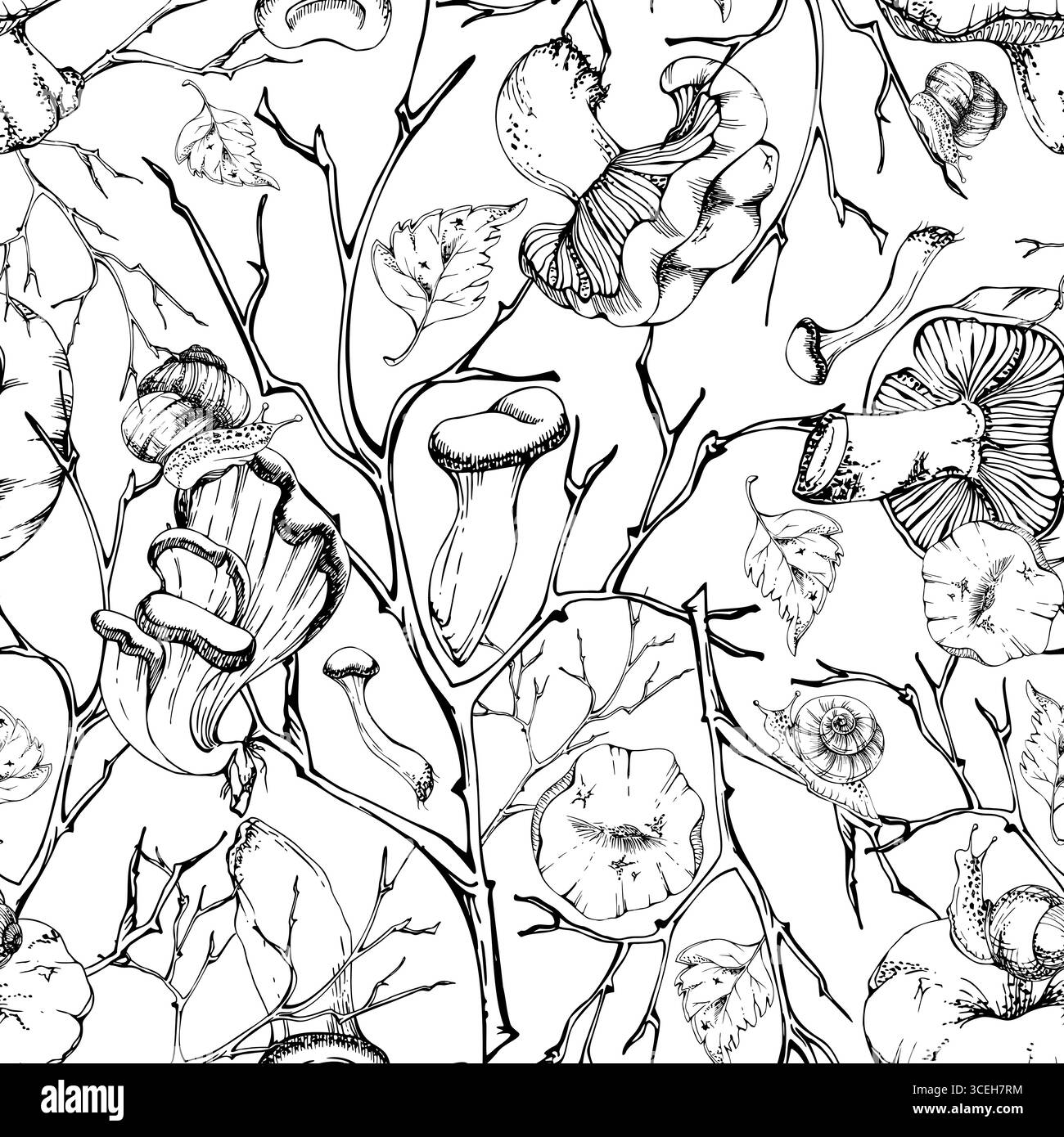 Russula Webcap Hiratake Austernpilz, gefallene Herbstblätter Schnecken. Fungi Natur nahtloses Muster Hand gezeichnet in Vektortinte. Brambles, Drehen Stock Vektor