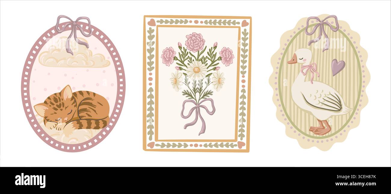 Vintage-Set mit süßer Gans und Kätzchen in pastellfarbenem Wellenrahmen. Handgezeichnete Coquette Cartoon Illustration mit rosa Schleife und Blume. Toll für Stock Vektor