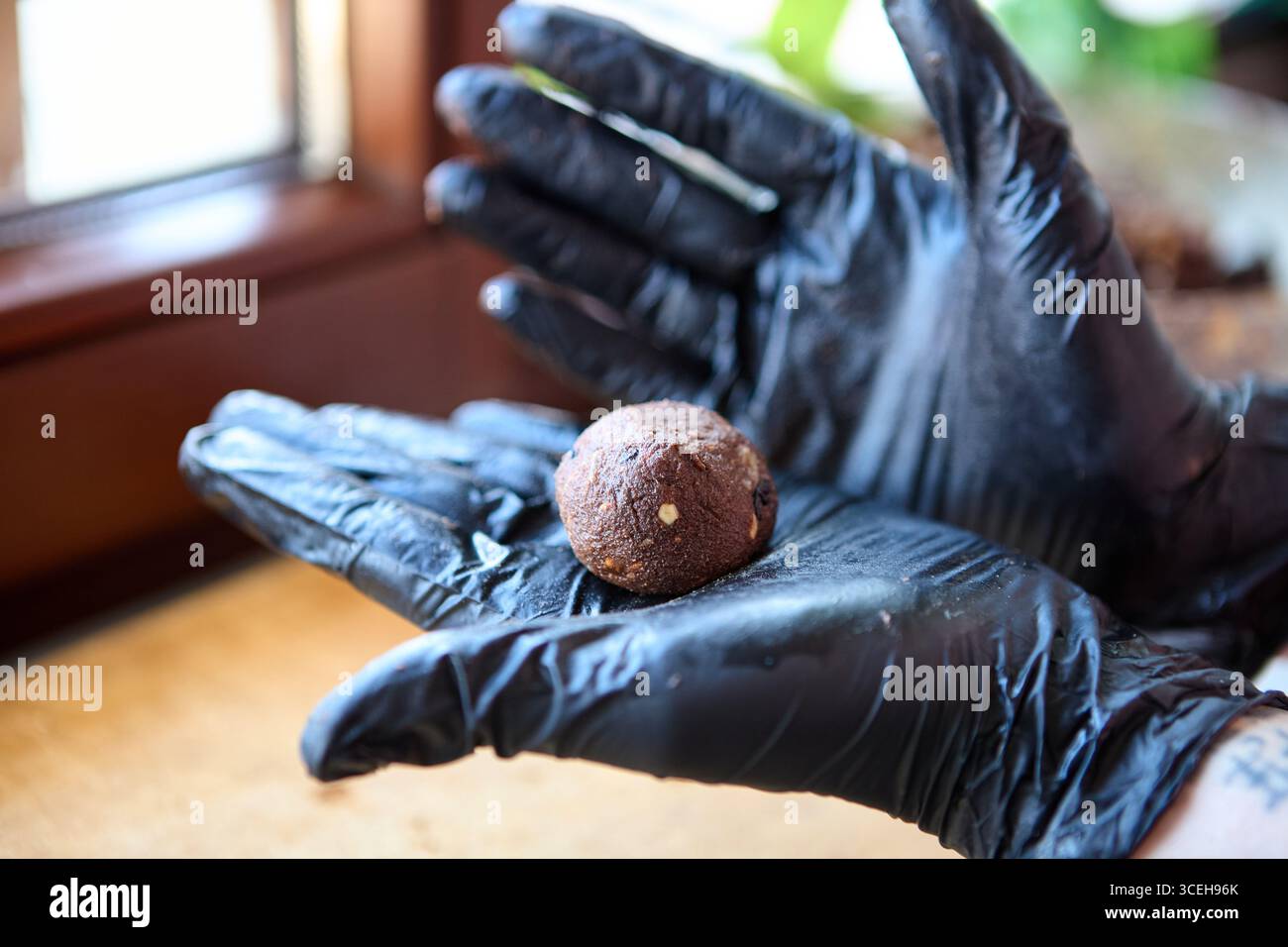 Hausgemachte vegane Süßigkeiten aus Datteln, Nüssen, Rosinen und Kakao in Handschuhen am Fenster Stockfoto