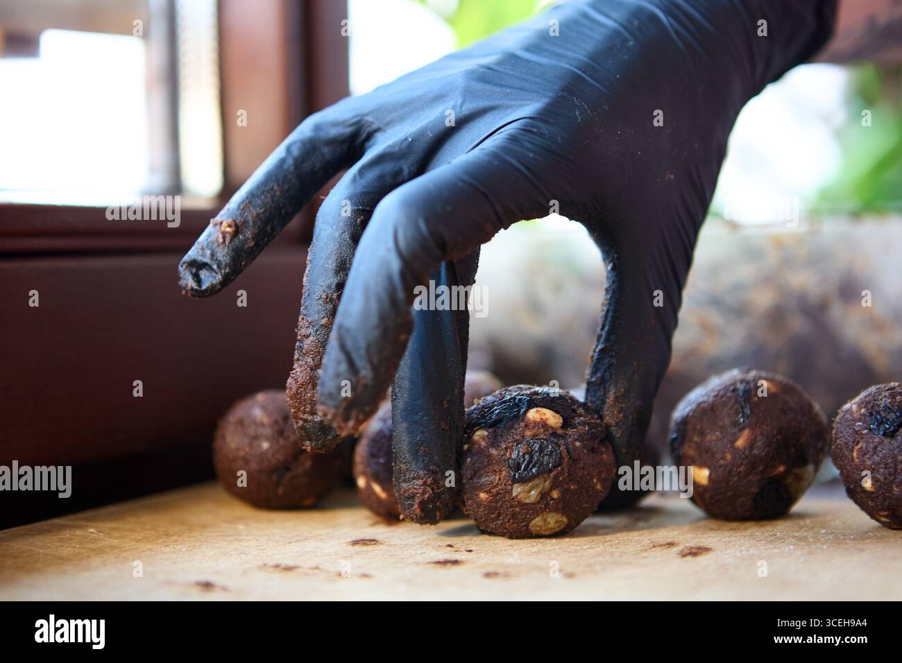 Hausgemachte vegane Süßigkeiten aus Datteln, Nüssen, Rosinen und Kakao mit Handgriffen Stockfoto