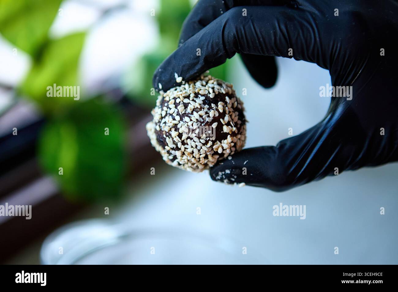 Vegane Süßkugel aus Datteln, Nüssen, Rosinen und Kakao in der Hand Stockfoto