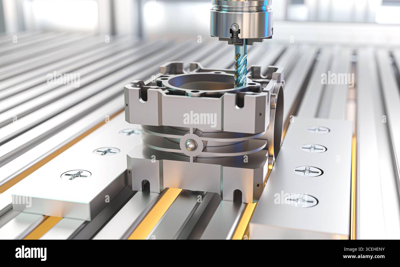 CNC-Fräsmaschine 3D, automatisierter Fertigungsprozess Stockfoto