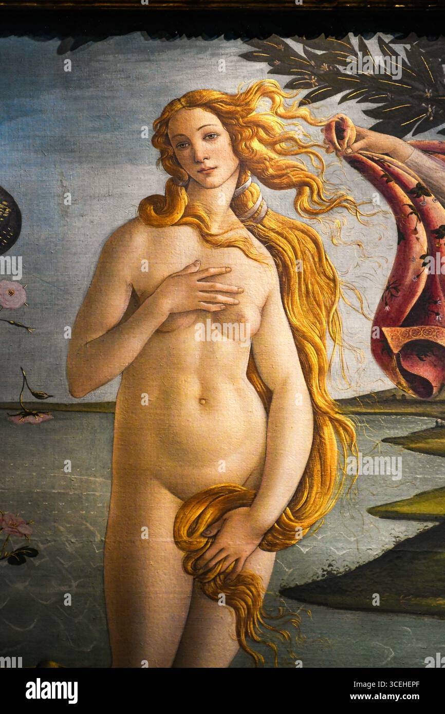 Flüstert von Göttlichkeit in jedem Strang: Venus erwacht, zeitlos und zart, unter Botticellis Pinsel Stockfoto
