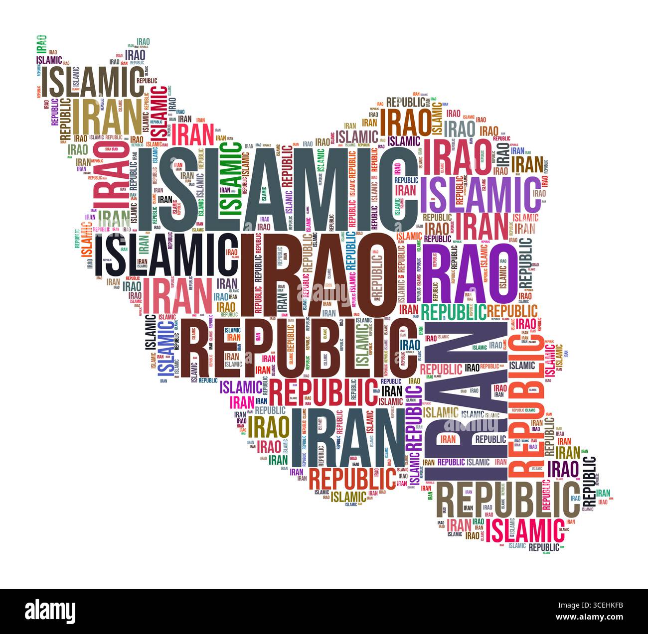 Iran Land Form Wort Wolke. Typografie-Stil Länderdarstellung. Iran-Bild im Text-Cloud-Stil. Vektorabbildung. Stock Vektor