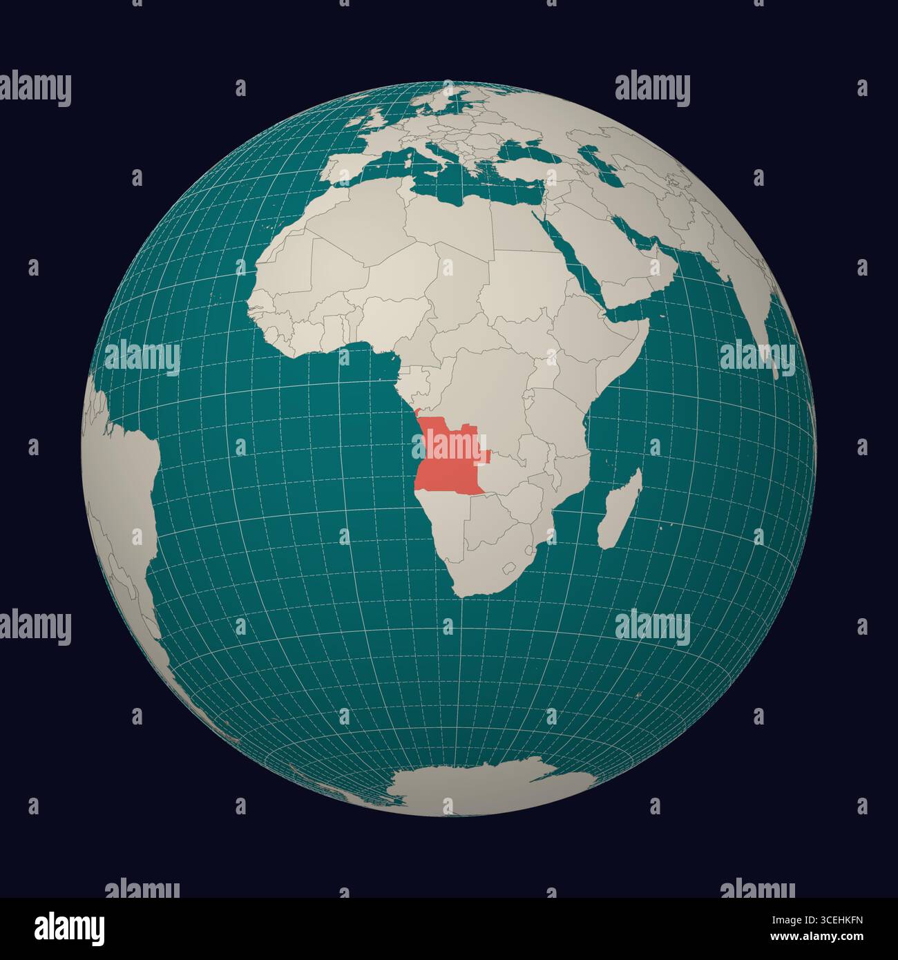 Angola auf der Karte. Der Globus konzentriert sich auf Angola. Land auf der Weltkarte. Farbpalette Teal Pale Mint. Stock Vektor