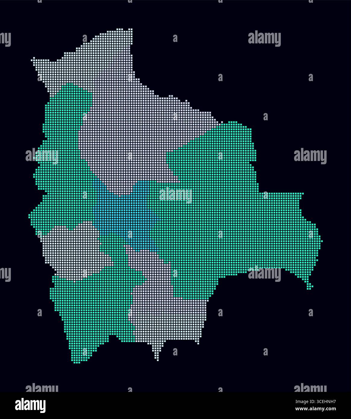 Bolivien gepunktete Karte. Digitale Landkarte des Landes auf dunklem Hintergrund. Bolivianische Form mit quadratischen Punkten. Farbige Punkte. Kleine Quadrate. Stock Vektor