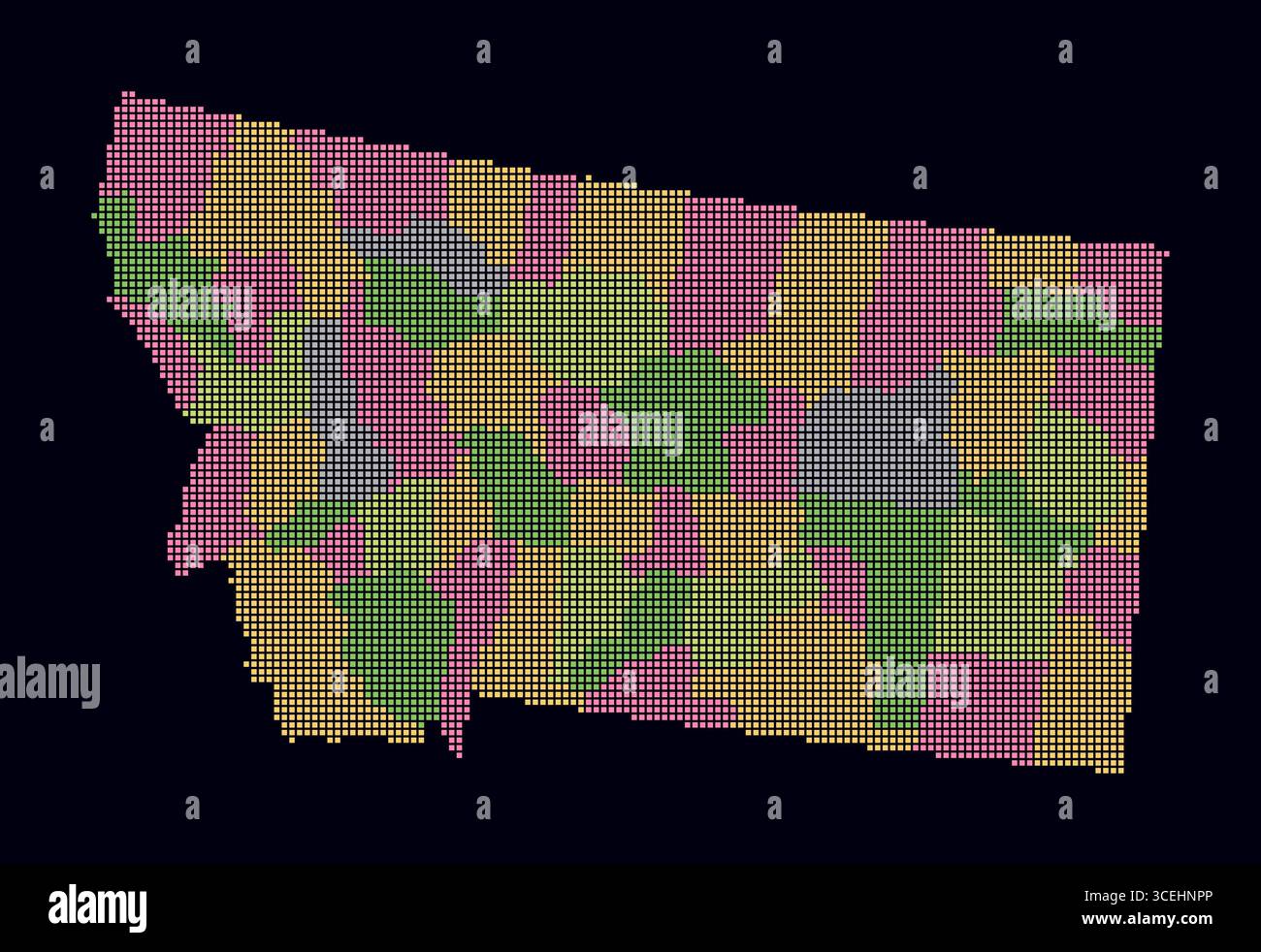 Montana gepunktete Karte. Digitale Stilkarte des Status auf dunklem Hintergrund. Montana-Form mit quadratischen Punkten. Farbige Punkte. Kleine Quadrate. Stock Vektor