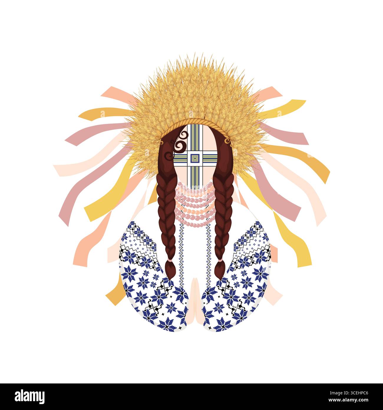 Motanka-Puppe, eine Frau in einer nationalen ukrainischen Tracht und einem Kranz aus Weizenohren, betet, traditionelles ukrainisches Amulett Stockfoto