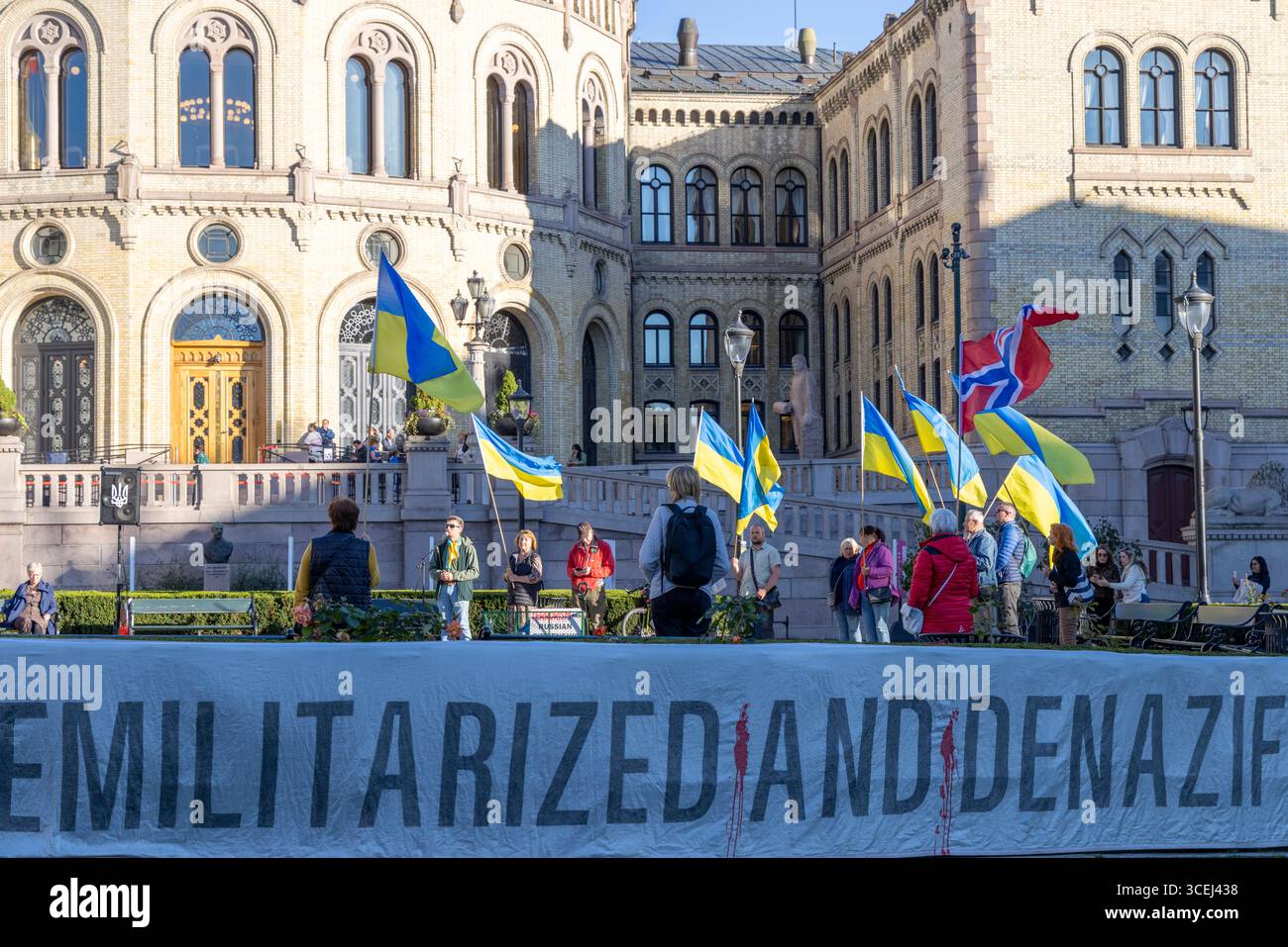 Im Stadtzentrum von Oslo treffen sich die Menschen mit Fahnen und Spruchbändern, um ihre Unterstützung für die Ukraine zu sagen Stockfoto