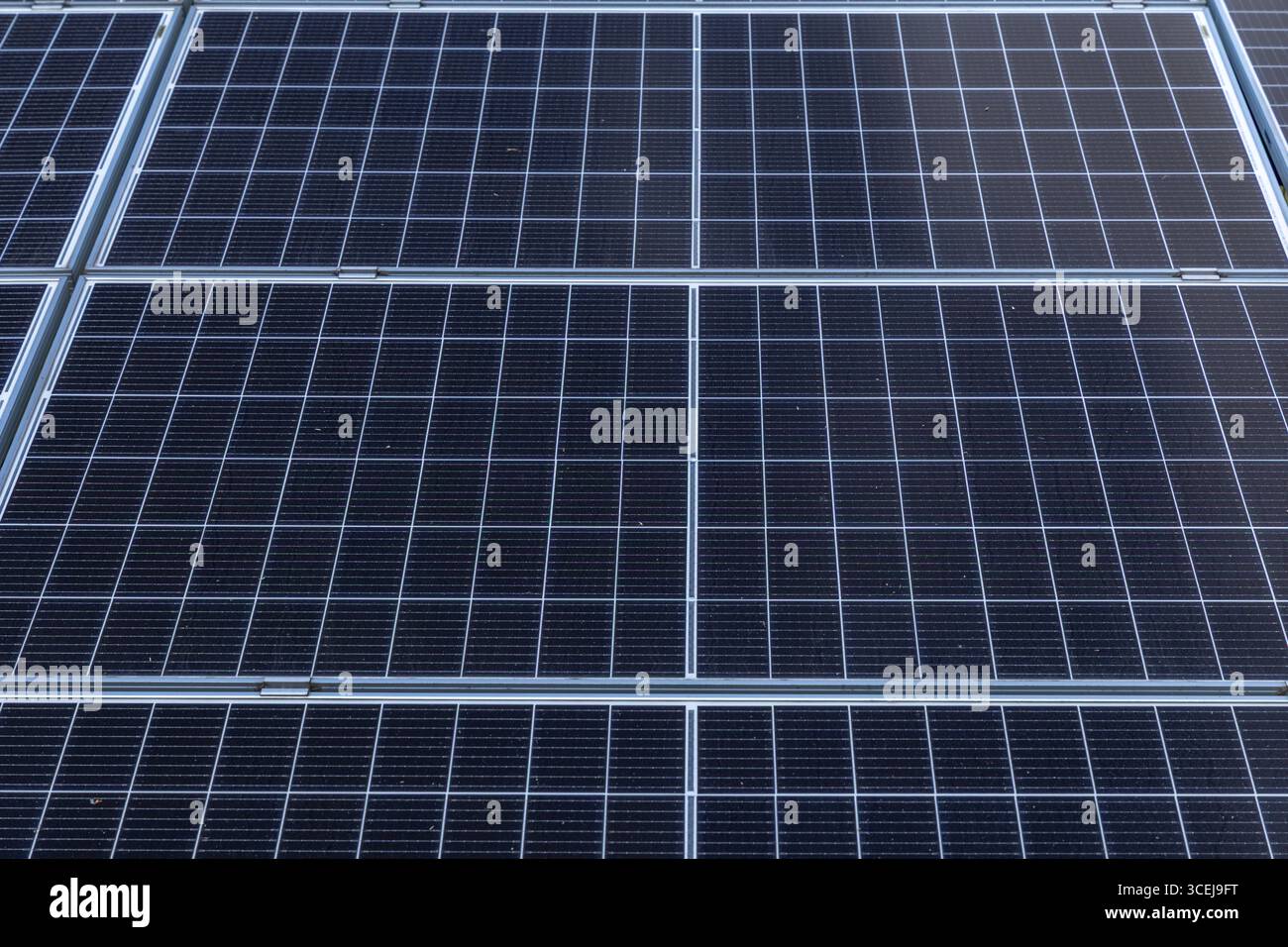 Vor dem Haus im Garten installierte Photovoltaik-Solarpaneele, die Solarenergie direkt aus den Paneelen ziehen Stockfoto