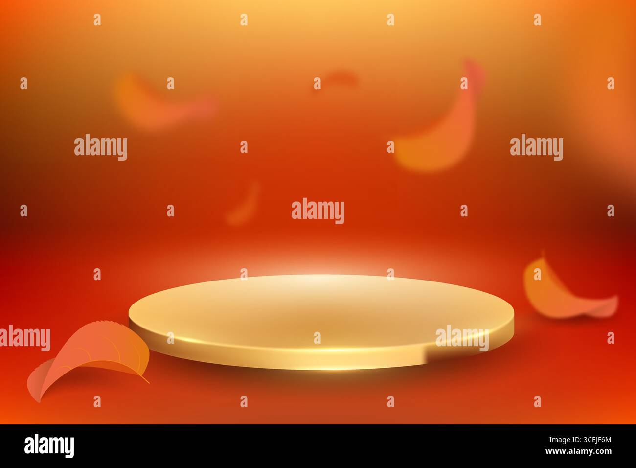 Abstrakte Vektorszene mit goldener geometrischer Form und fliegenden Herbstblättern. Zylindrisches Podium auf orangefarbenem Hintergrund und roten Blättern Stock Vektor Abstrakte Vektorszene mit goldener geometrischer Form und fliegenden Herbstblättern. Zylindrisches Podium auf orangefarbenem Hintergrund und roten Blättern Stock Vektor