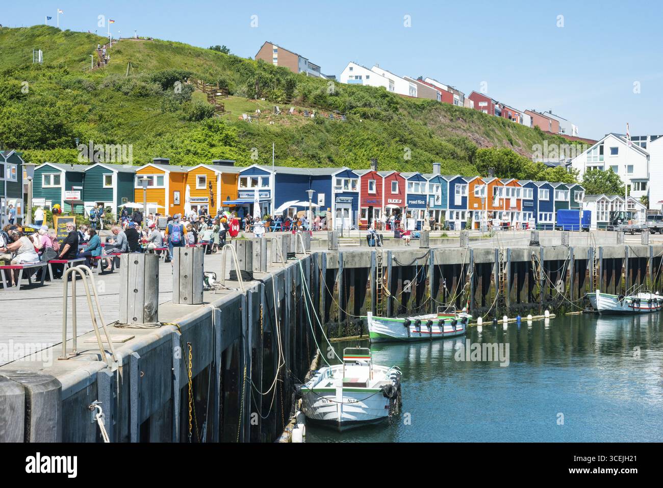 Bunte Hummerhütten, denkmalgeschützte, bunte kleine Häuser, Hütten, Fischerhütten, Cottages, Hummershack, Hafenquay mit traditionellem Stockfoto