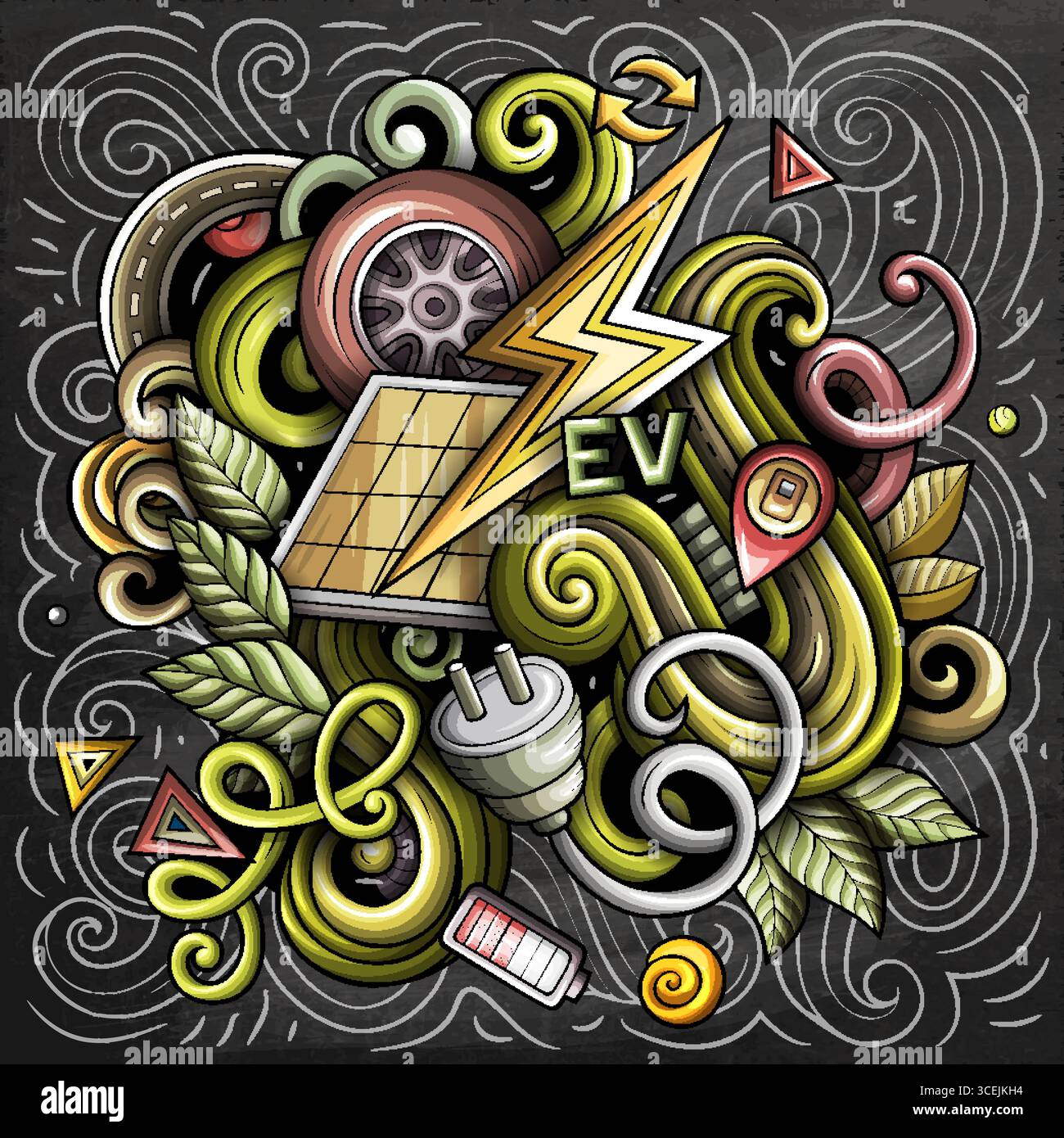 Bunte Vektor-Kritzelei-Zeichentrickfilm elektrische Fahrzeuge Illustration Stock Vektor