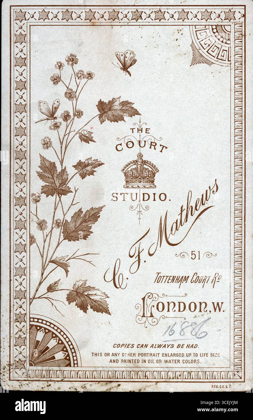 Elegantes botanisches Design für das Court Studio, betrieben von C. F. Mathews, 51 Tottenham Court Rd, London. Ein Kronenmotiv lässt Prestige vermuten, während Illustrationen von Blättern, Blumen und einem Schmetterling natürliche Raffinesse hervorrufen. Der Text verspricht Porträtvergrößerungen „bis lebensgroß“ in Öl- oder Aquarellfarben, wobei stets Kopien verfügbar sind. Die klassische Ornamentik und die typografische Anmut des Designs spiegeln das Studio-Branding des späten 19. Jahrhunderts wider, das sich an kultivierte, aufstrebende Kunden richtet. Aus einer Reihe von originalen Albumenfotos aus dem späten viktorianischen und frühen Edwardianischen Stil. Stockfoto