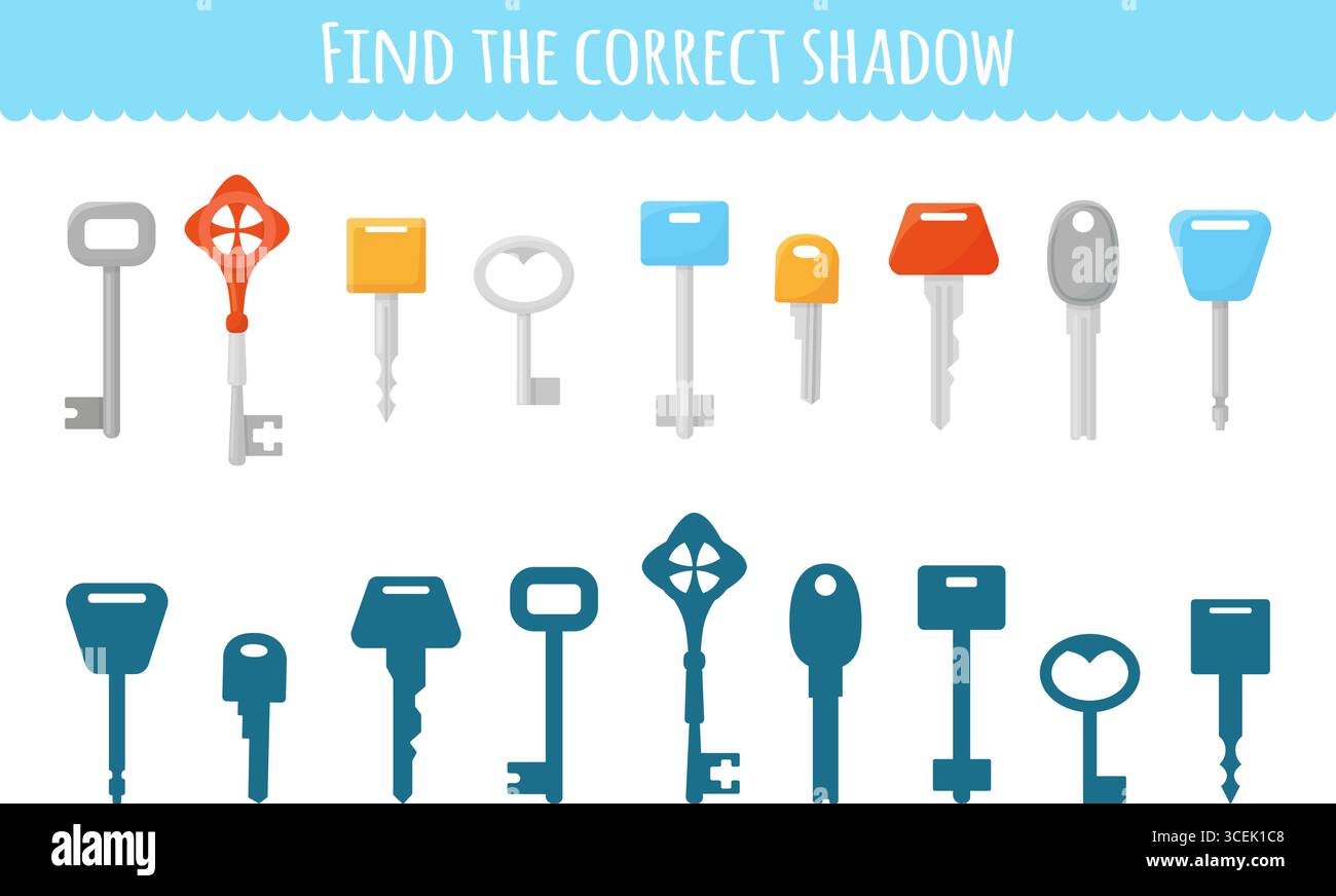 Suchen Sie den richtigen Schlüsselschatten. Einfaches Kinderspiel, pädagogische Entwicklungsaufgabe für Kleinkinder. Verschiedene Arten von Tasten und ihre Schatten, neoterische Vektor Stock Vektor