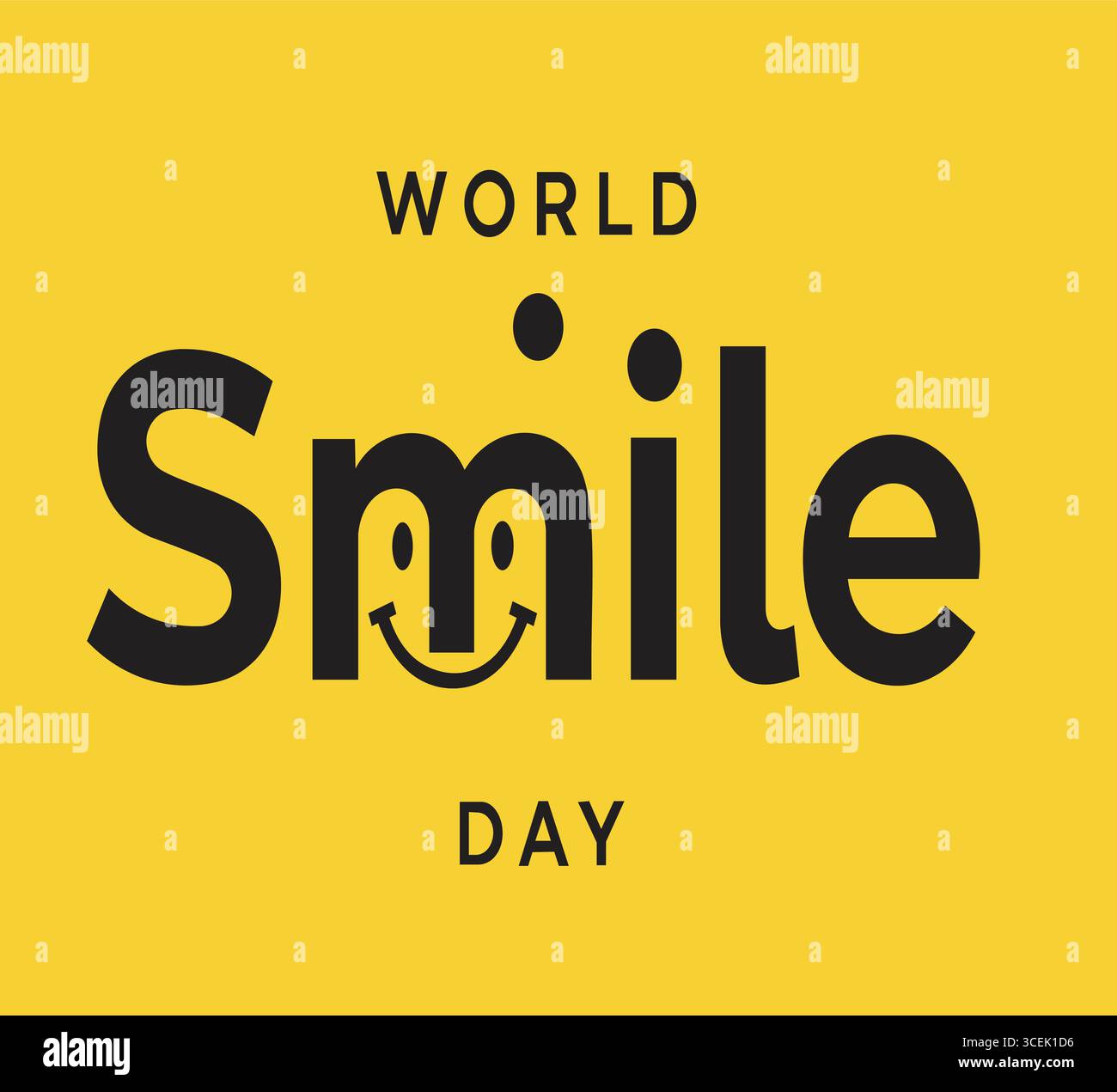 Ein leuchtend gelbes rechteckiges Schild mit dem Ausdruck „WORLD Smile DAY“ in fetten schwarzen Buchstaben. Das Wort „Smile“ ist kreativ gestaltet, mit dem Lette Stock Vektor