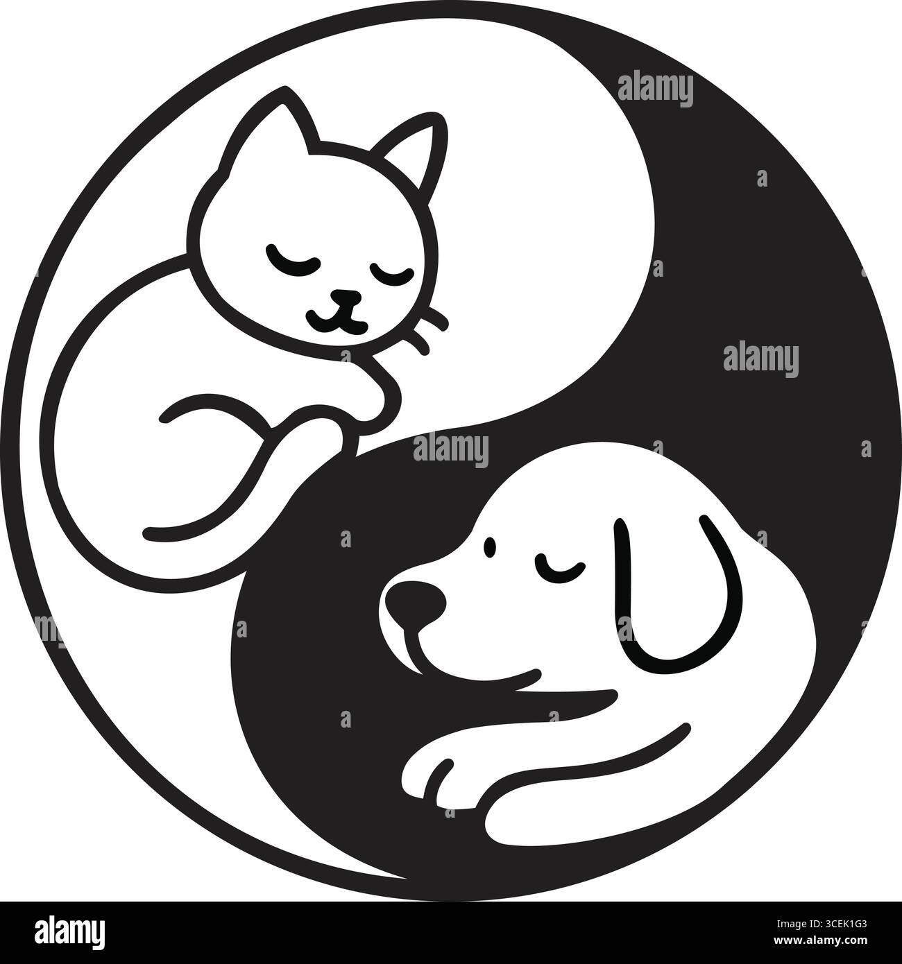 Ein minimalistisches Schwarz-weiß-Design mit einem Yin-Yang-Symbol, das kreativ in eine schlafende Katze und einen Hund integriert ist. Die Katze ruht im weißen oberen ha Stock Vektor