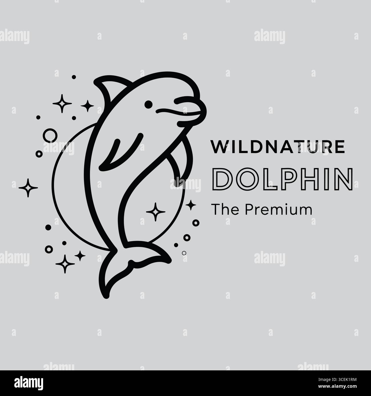 Eine moderne, stilisierte Delfin-Illustration vor einer runden Kulisse, umgeben von sternähnlichen Funkeln, die ein Gefühl von Magie und Eleganz hervorrufen. Fe Stock Vektor