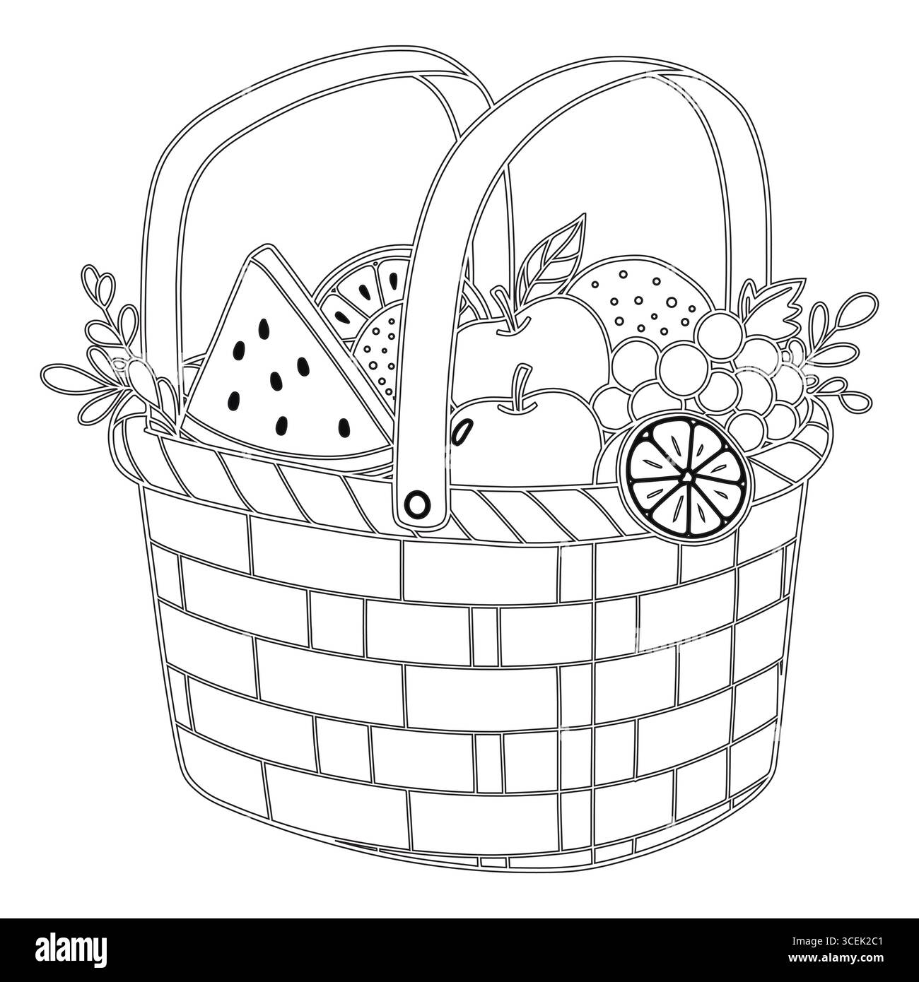 Eine detaillierte schwarz-weiße Linienzeichnung eines gewebten Picknickkorbs mit verschiedenen Früchten. Der Korb verfügt über zwei robuste Griffe und einen ziegelartigen Stock Vektor