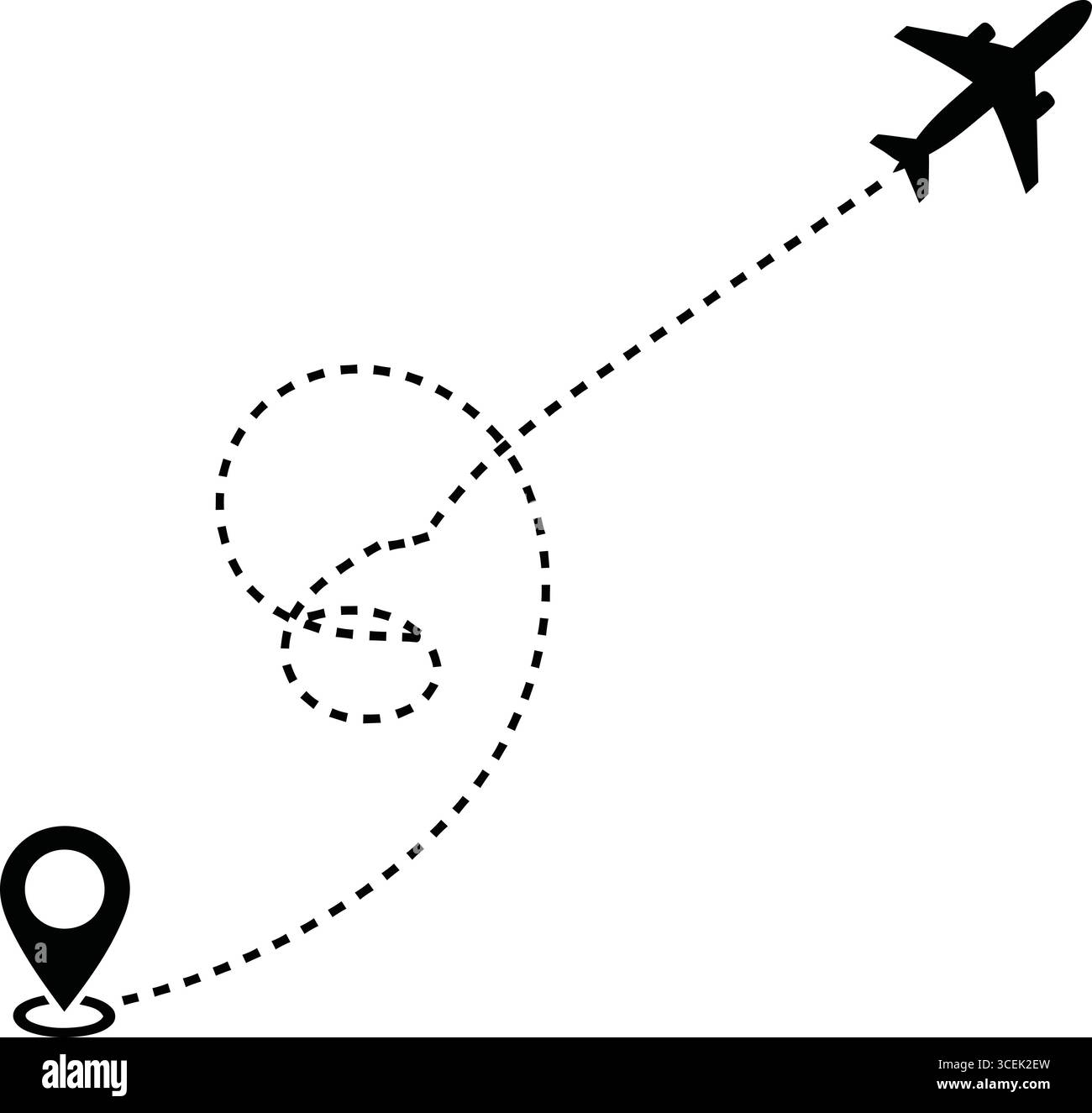 Eine minimalistische schwarze Silhouette eines Flugzeugs, das über die Leinwand schwebt und einen verspielten, geschwungenen, gestrichelten Flugweg hinterlässt, der zu einem Ziel führt Stock Vektor