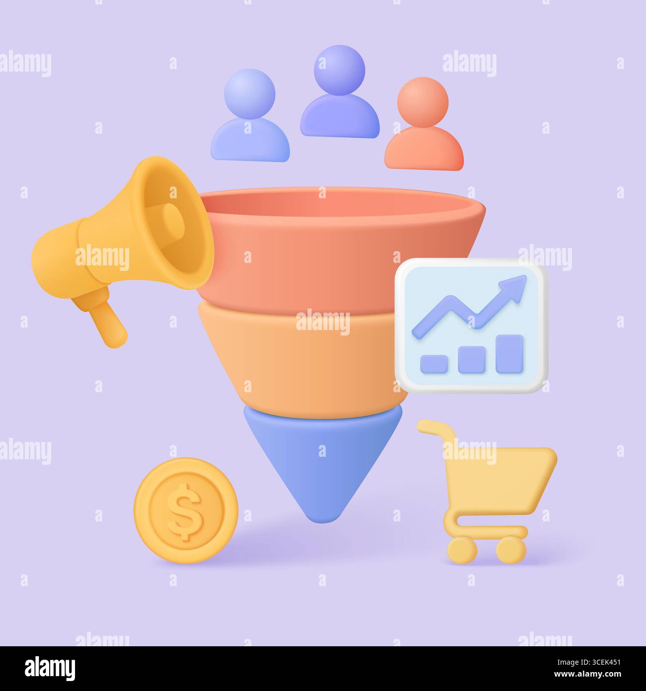 Farbenfroher 3D-Verkaufstrichter mit Marketingsymbolen, Benutzerzahlen, Analysediagramm, Dollarmünze und Einkaufswagen, die die Vektorillustration des Umwandlungsprozesses darstellen Stock Vektor