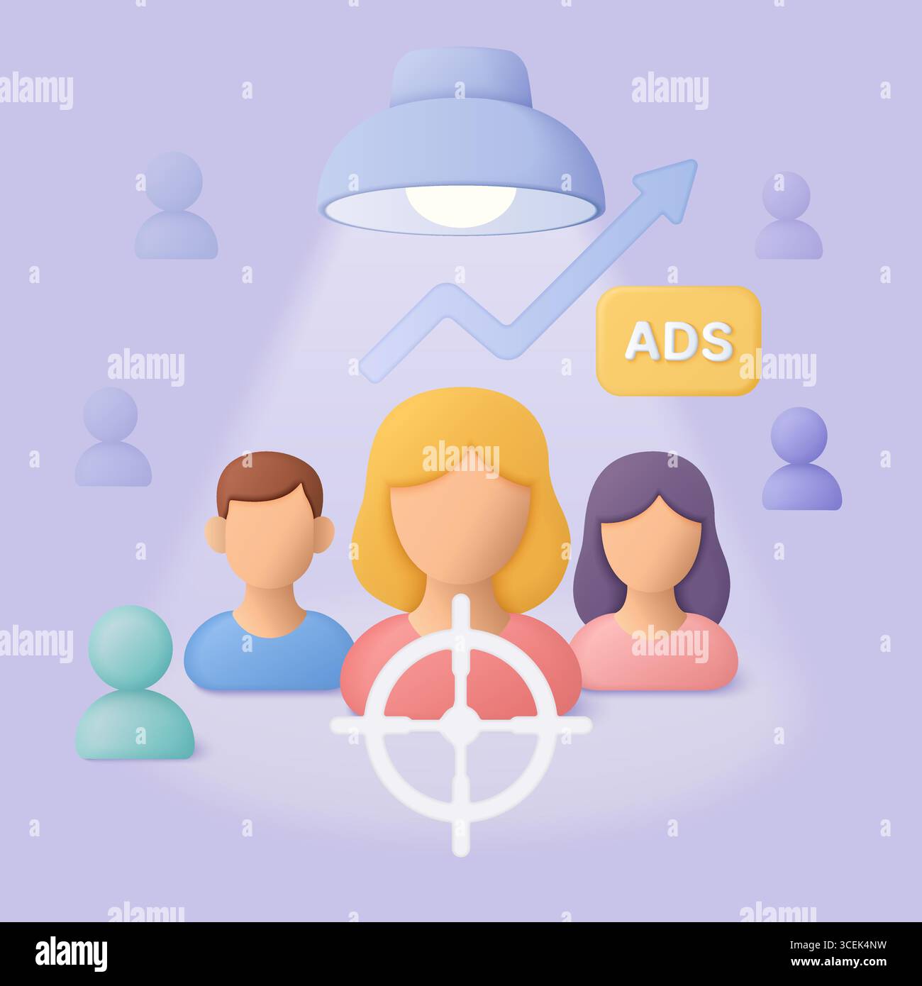 Digitales Marketingkonzept mit gezielter Werbung mit 3D-Personen, Spotlight, Anzeigesymbol und Aufwärtsdiagramm für die Segmentierung der Zielgruppe und die Vektorillustration für Kampagnenstrategie Stock Vektor