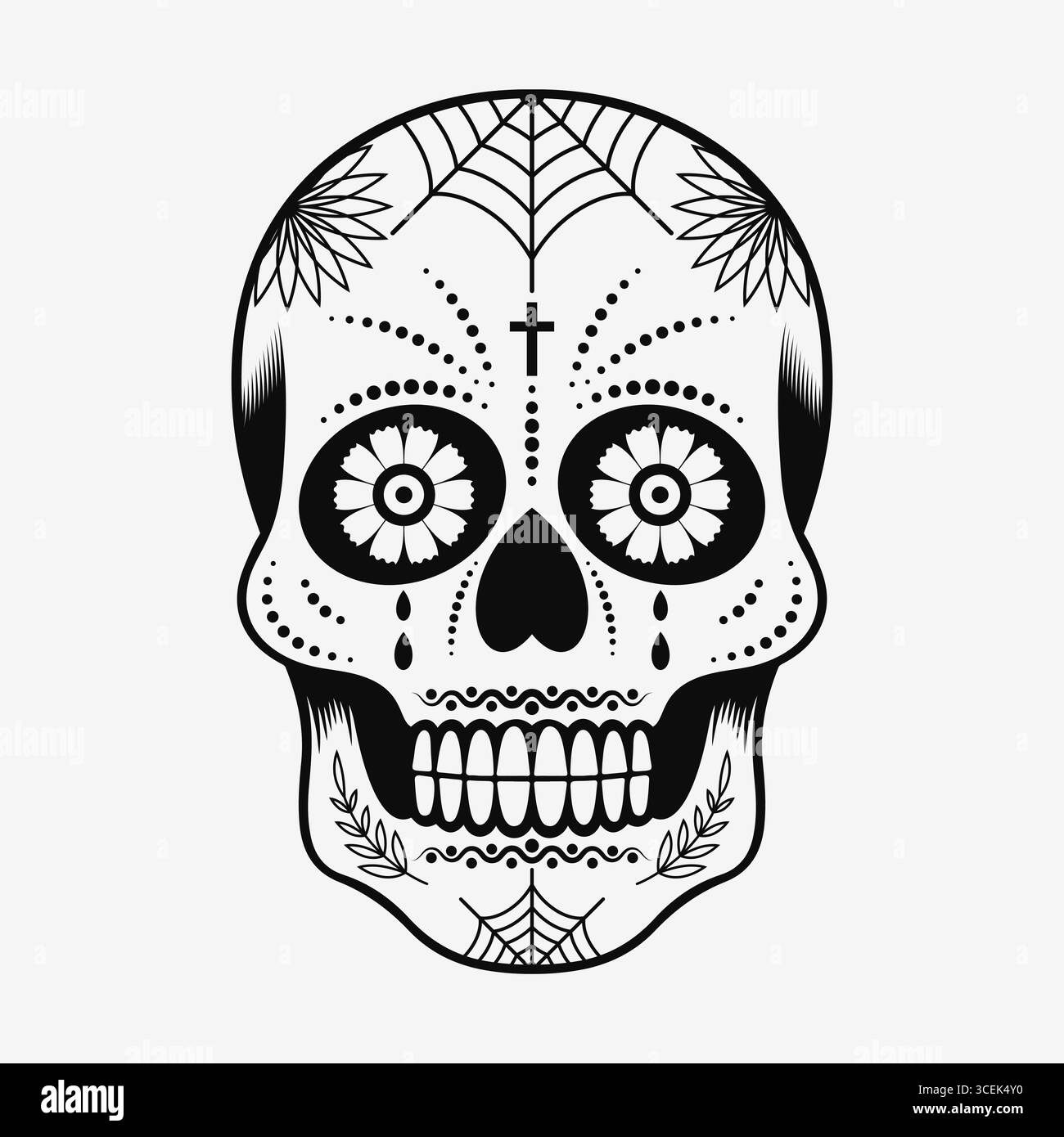 Detaillierte Vektor-Illustration eines traditionellen mexikanischen Zuckerschädels in Schwarz und weiß Stock Vektor