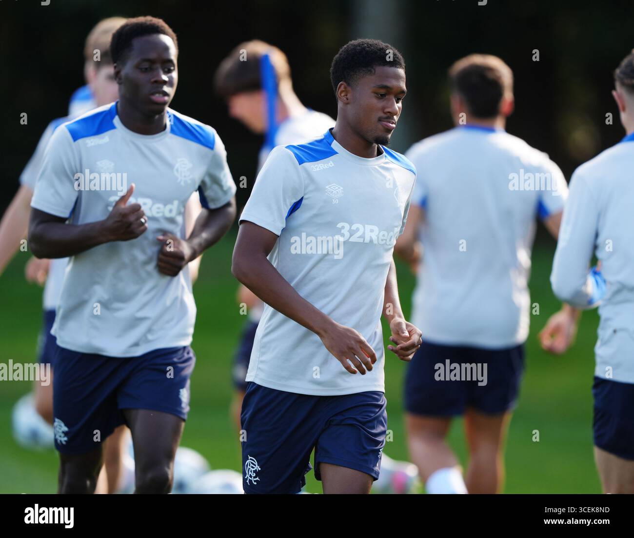 Rangers' Jayden Meghoma während des Trainings im Rangers Training Centre, Glasgow. Bilddatum: Montag, 18. August 2025. Stockfoto