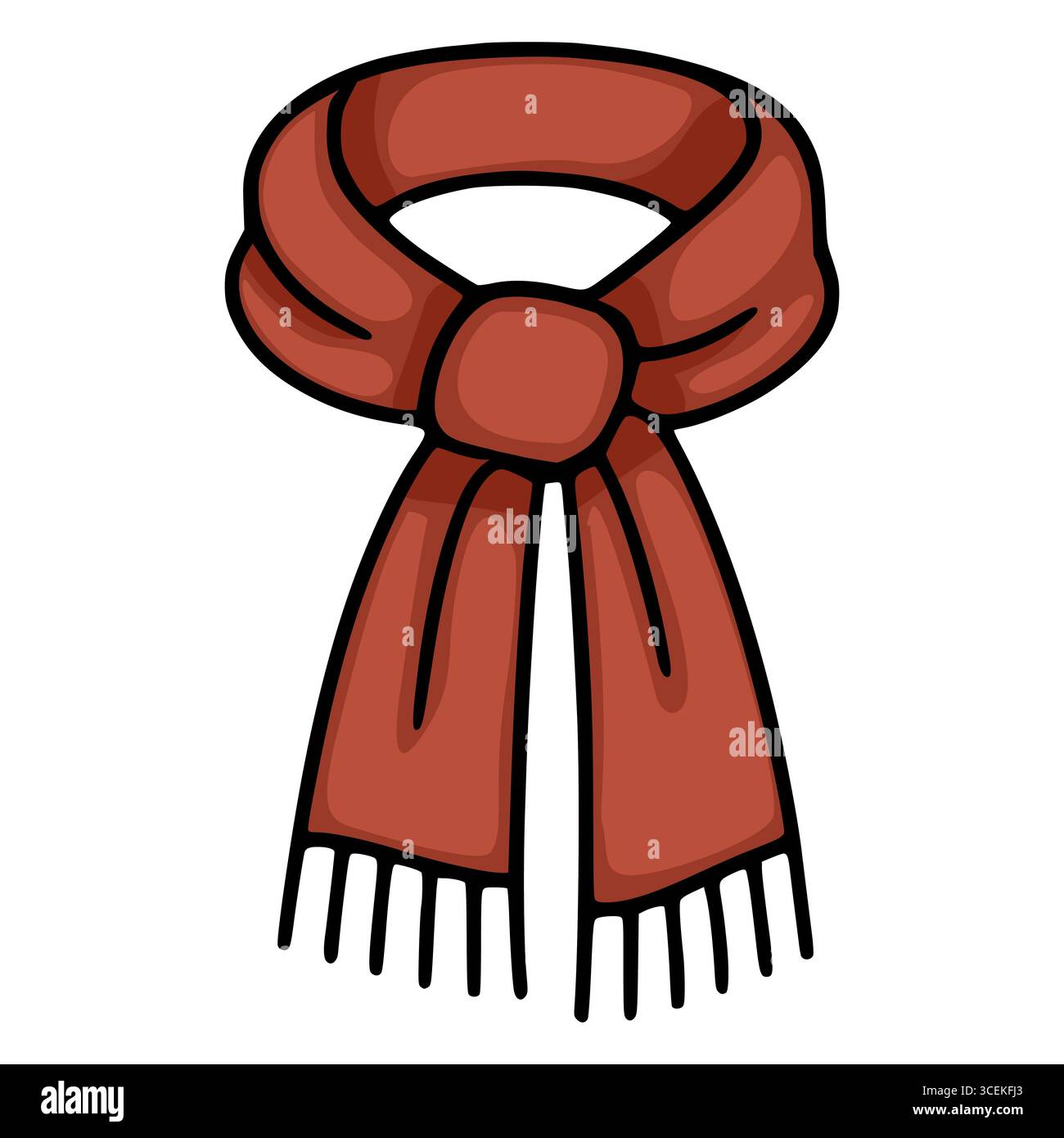 Eine Vektor-Illustration eines terrakottafarbenen Schals, gebunden in einem einfachen Knoten, mit einem handgezeichneten Stil mit kräftigen schwarzen Umrissen und strukturiertem Fransen Stock Vektor