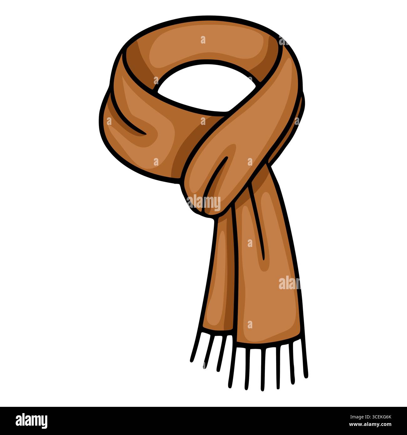 Eine Vektor-Illustration eines braunen Schal, ordentlich gebunden, mit einem einfachen, handgezeichneten Stil und markanten Fransen, isoliert auf einem weißen Hintergrund. Stock Vektor