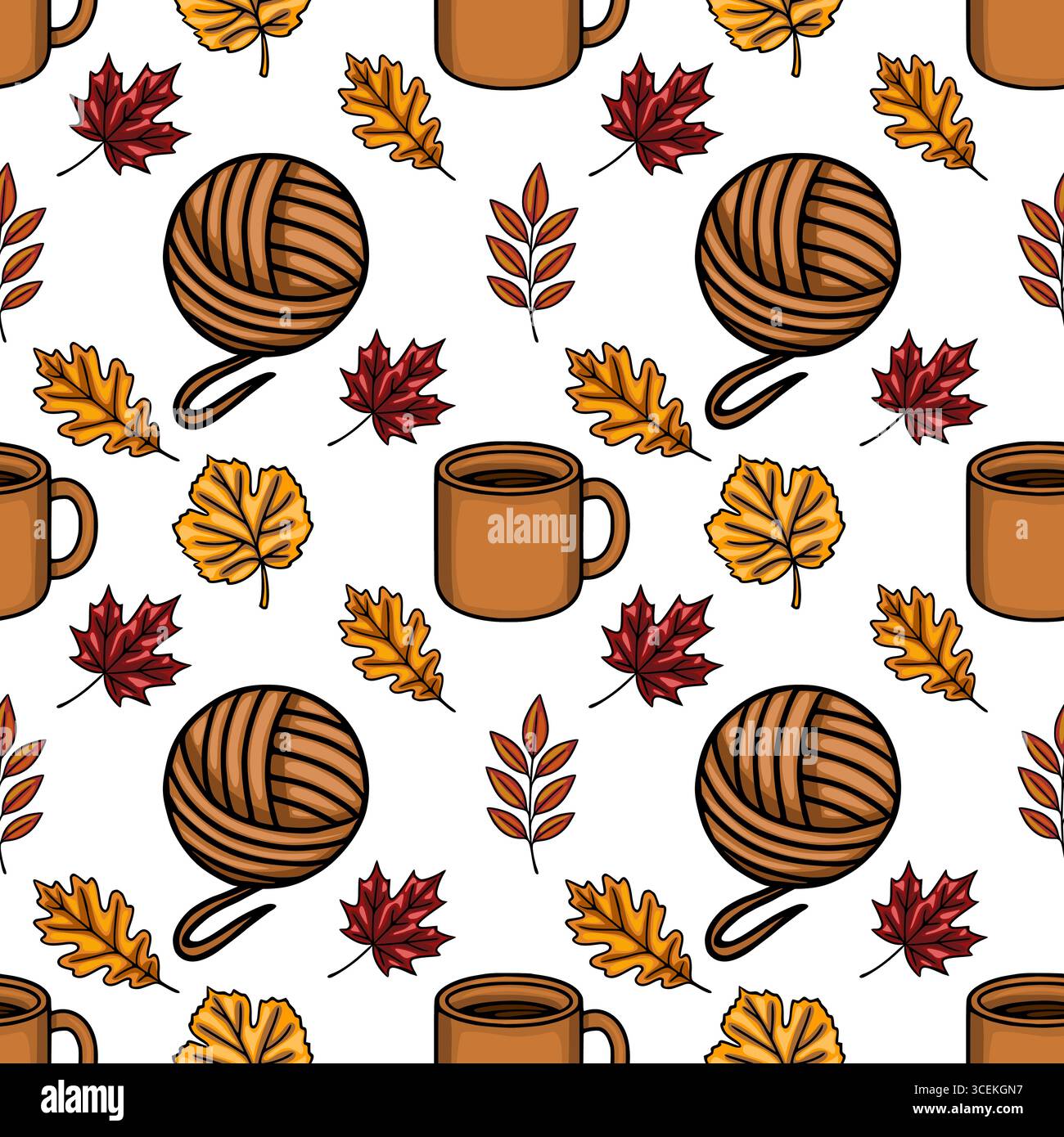 Cozy Autumn Vibes: Ein nahtloses Vektormuster mit Kaffeetassen, Garnbällchen, Häkelhaken und Herbstblättern in warmen Braun- und Orange-Tönen. Stock Vektor