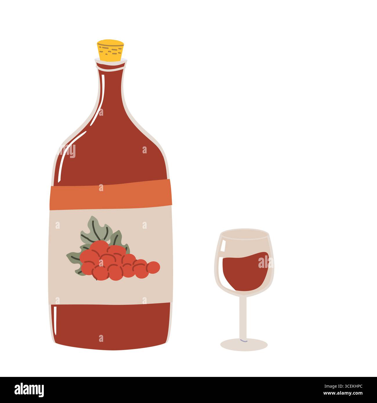 Große Flasche Rotwein mit Trauben Beeren Illustration neben Weinglas. Stock Vektor