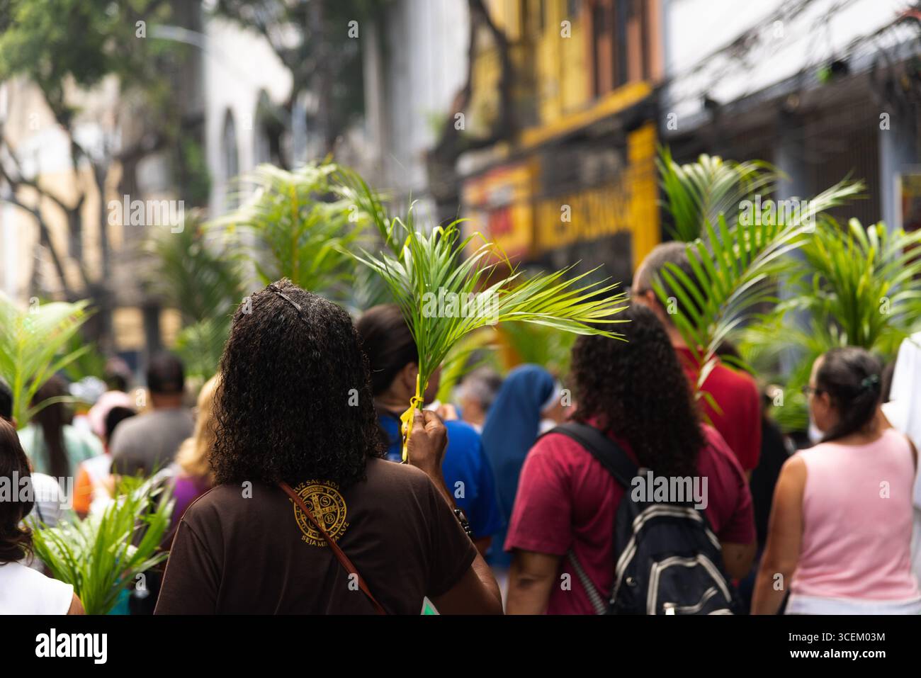Salvador, Bahia, Brasilien - 13. April 2025: Katholische Gläubige werden während einer Palmsonntagsprozession in Salvador, Brasilien, beim Spaziergang gesehen. Stockfoto
