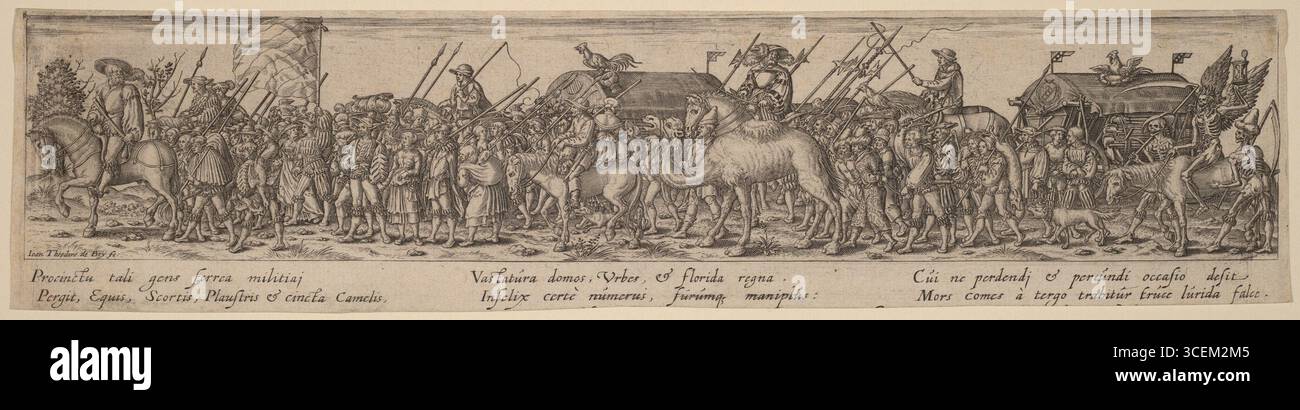 Army Train and Death, ein Stich des flämischen Künstlers Johann Theodor de Bry, zeigt eine grimmige Militärprozession. Soldaten zu Fuß, zu Pferd und sogar Kamele marschieren an der Seite von Wagen, die Waffen und Banner tragen. Der Tod selbst reitet hinten, die Sense in der Hand, symbolisiert die Unvermeidlichkeit der Sterblichkeit, die jede Armee im Schatten stellt. Stockfoto