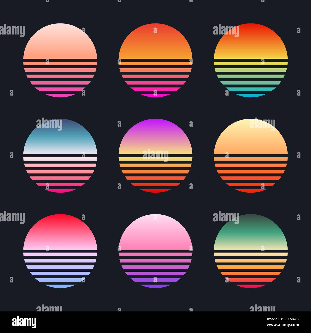 Farbenfroher Sonnenuntergang im Vintage-Stil. Gestreifte Sonnenaufgangsabzeichen im Stil der 80er und 90er Jahre. Blick auf Sonne und Meer, Sommerstimmung, Surfen. Designelement für Druck Stock Vektor