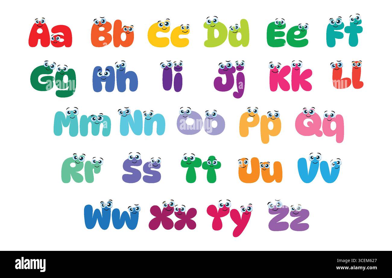 Niedliche farbige Zeichentrickbuchstaben des englischen Alphabets mit Augen und süßen Gesichtern isoliert auf weißem Hintergrund. Alphabet im Zeichentrickstil mit lustigen Augen. Stock Vektor