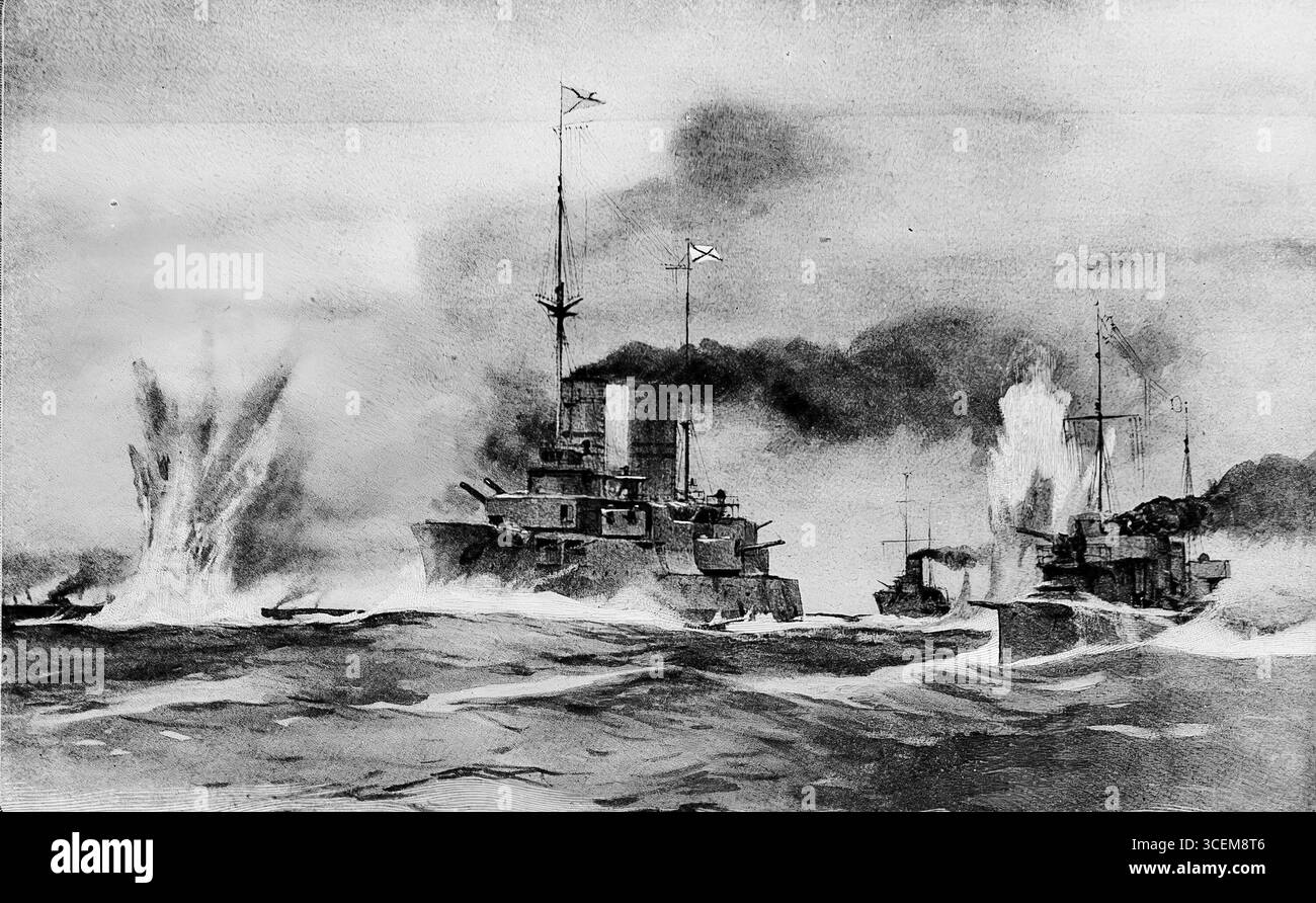 La bataille de Riga, 1. Weltkrieg Seekampf in der Ostsee, dargestellt in L’Illustration (6. Mai 1916). Deutsche und russische Kriegsschiffe tauschen schweres Feuer aus, mit Explosionen im Meer. Die Szene zeigt den Kampf um die Kontrolle über Riga und die strategische Irbenstraße, in der russische Verteidigungs- und Torpedoboote sich dem deutschen Vormarsch widersetzten. Illustration basierend auf einem Aquarell von Lieutenant Novikov, das Kriegsberichte und Propaganda widerspiegelt. Stockfoto