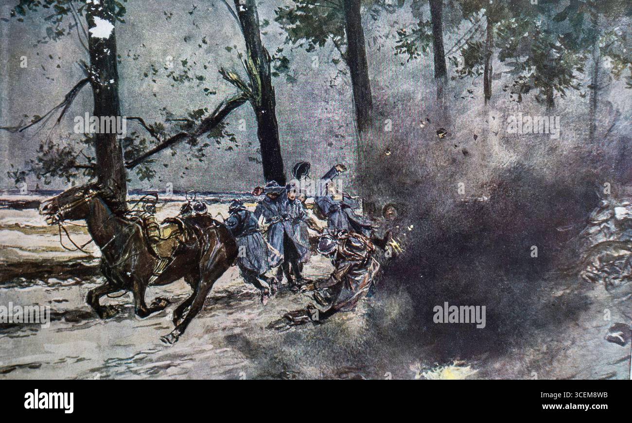 Illustration des Ersten Weltkriegs, veröffentlicht in L’Illustration, die eine gewalttätige Bombenexplosion auf der Straße von Souain nach Somme-Py darstellt. Französische Soldaten in blauen Uniformen werden in der Explosion eines Marmite (Slang für schwere deutsche Artilleriegülle) gefangen, der Männer und Pferde verstreut. Diese dramatische Szene zeigt die Gefahren der Frontbewegung und die zerstörerische Kraft der modernen Artillerie während des Ersten Weltkriegs in der Champagne 1916. Stockfoto