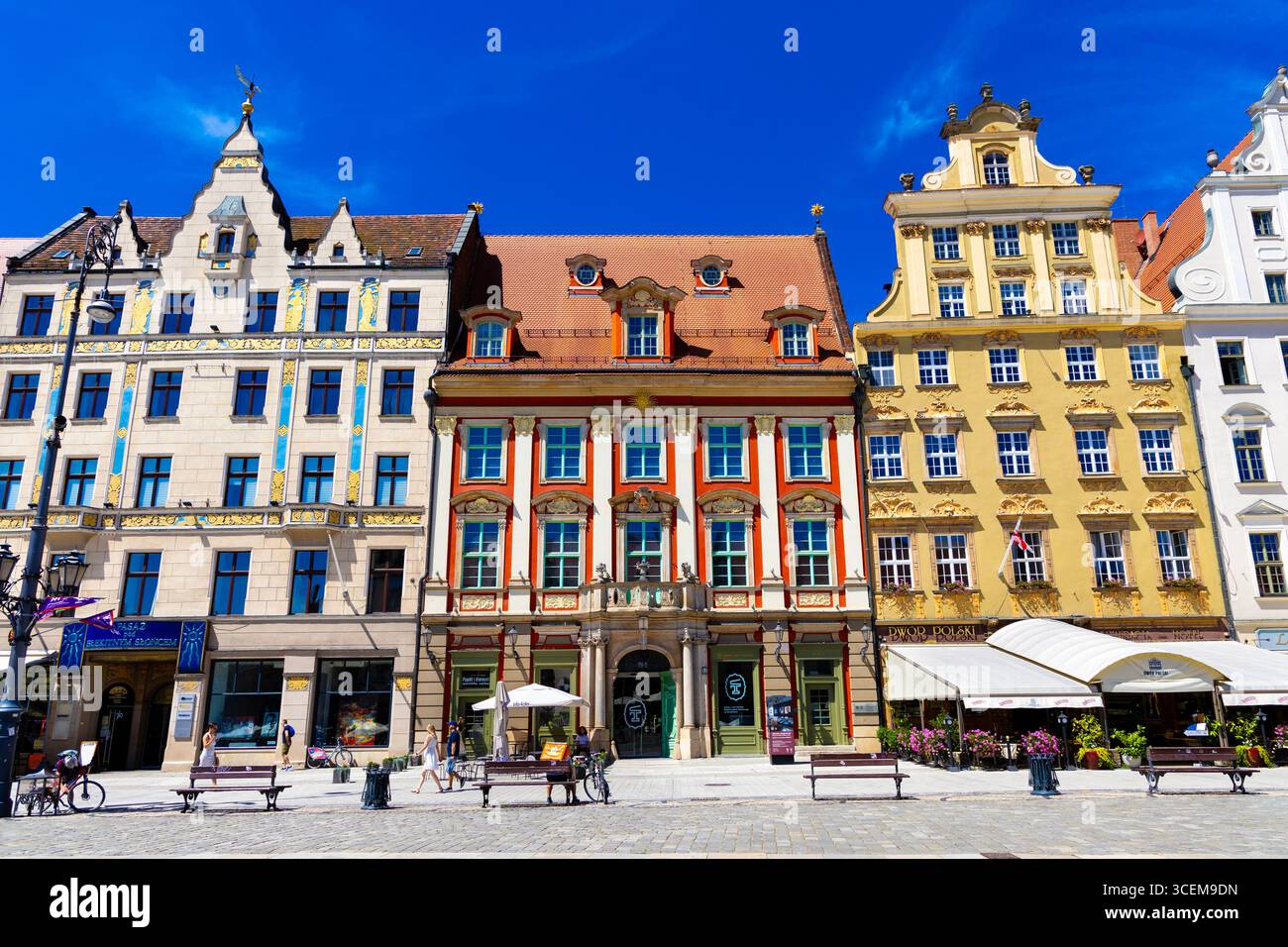 Farbenfrohe historische Mietshäuser am Marktplatz, Altstadt, Breslau, Schlesien, Polen Stockfoto