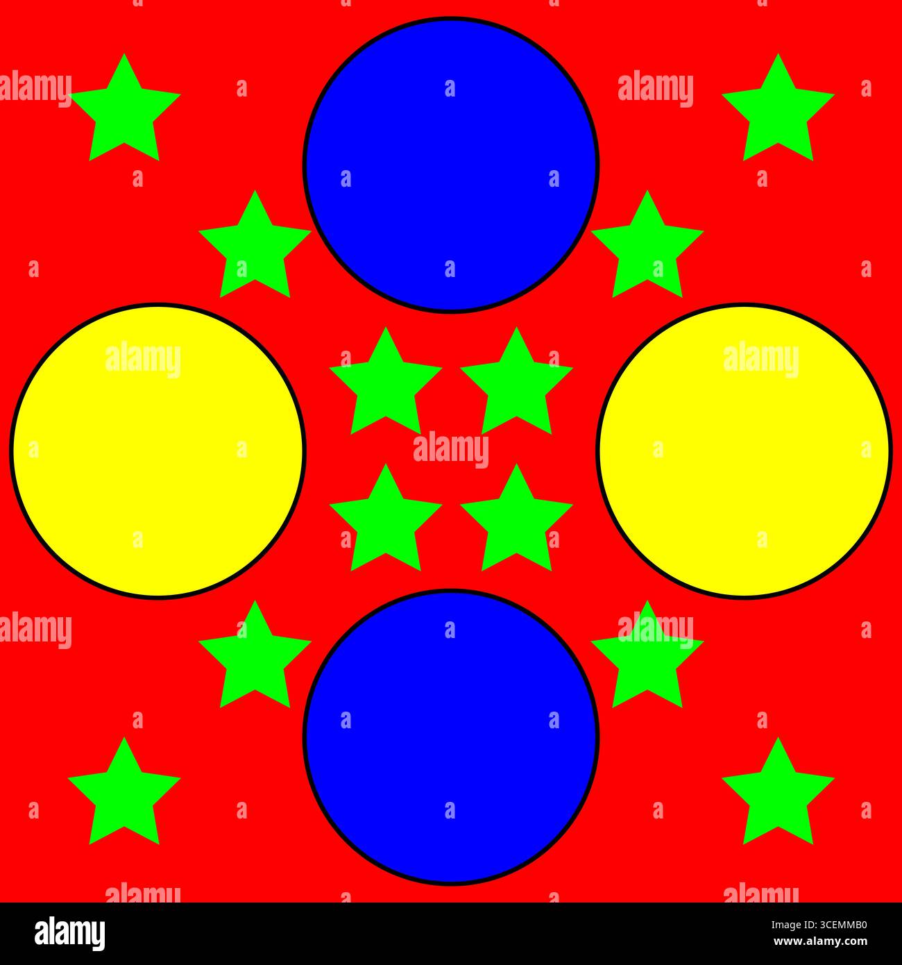 Abbildung eines geometrischen Musters. Farbenfrohe Formkomposition. Sterne und Kreise. Moderner Vektor-Hintergrund. Stock Vektor