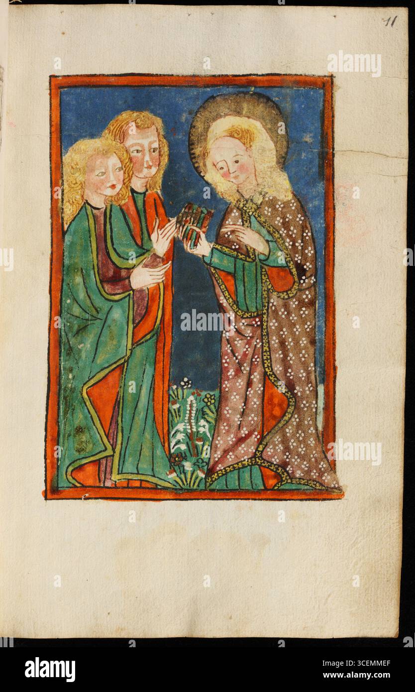 Eine Seite aus einem libellus Johannes des Evangelisten, die 1493 fertiggestellt wurde. Das Manuskript enthält Texte von und über Johannes den Evangelist, darunter Beispiele, Predigten, Sequenzen, Lektion, und die Offenbarung auf Deutsch. Aus dem Gnadentaler Kloster der Klarinenser. Stockfoto