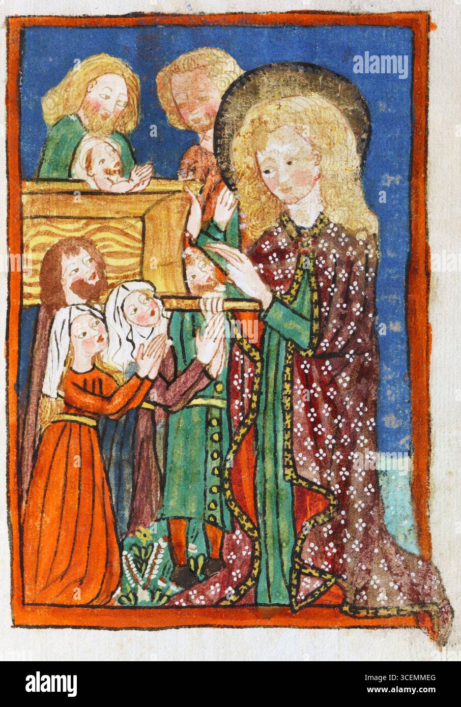 Eine Seite aus einem libellus Johannes des Evangelisten, die 1493 fertiggestellt wurde und eine Krippe zeigt. Das Manuskript enthält Texte von und über Johannes den Evangelist, darunter Beispiele, Predigten, Sequenzen, Lektion, und die Offenbarung auf Deutsch. Aus dem Gnadentaler Kloster der Klarinenser. Stockfoto