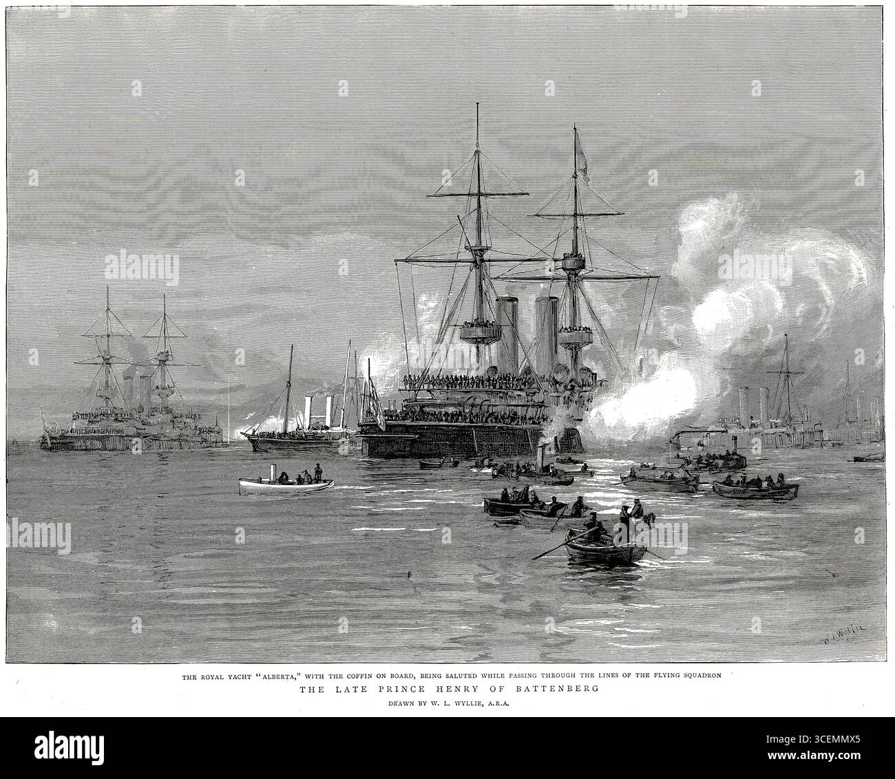 HMS Alberta mit dem Sarg von Prinz Heinrich von Battenberg (Henry Maurice; 1858–1896), ehemals Graf Heinrich von Battenberg. Der Prinz starb an Malaria. Stockfoto