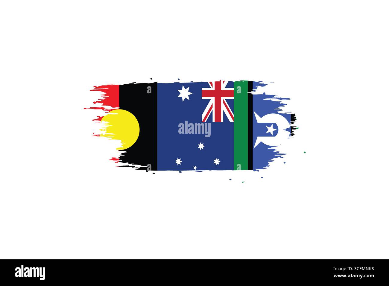 Die australische Aborigine-Flagge, die australische Flagge und die Flagge des Northern Territory kombiniert mit einem künstlerischen Pinselstrich-Effekt. Stock Vektor