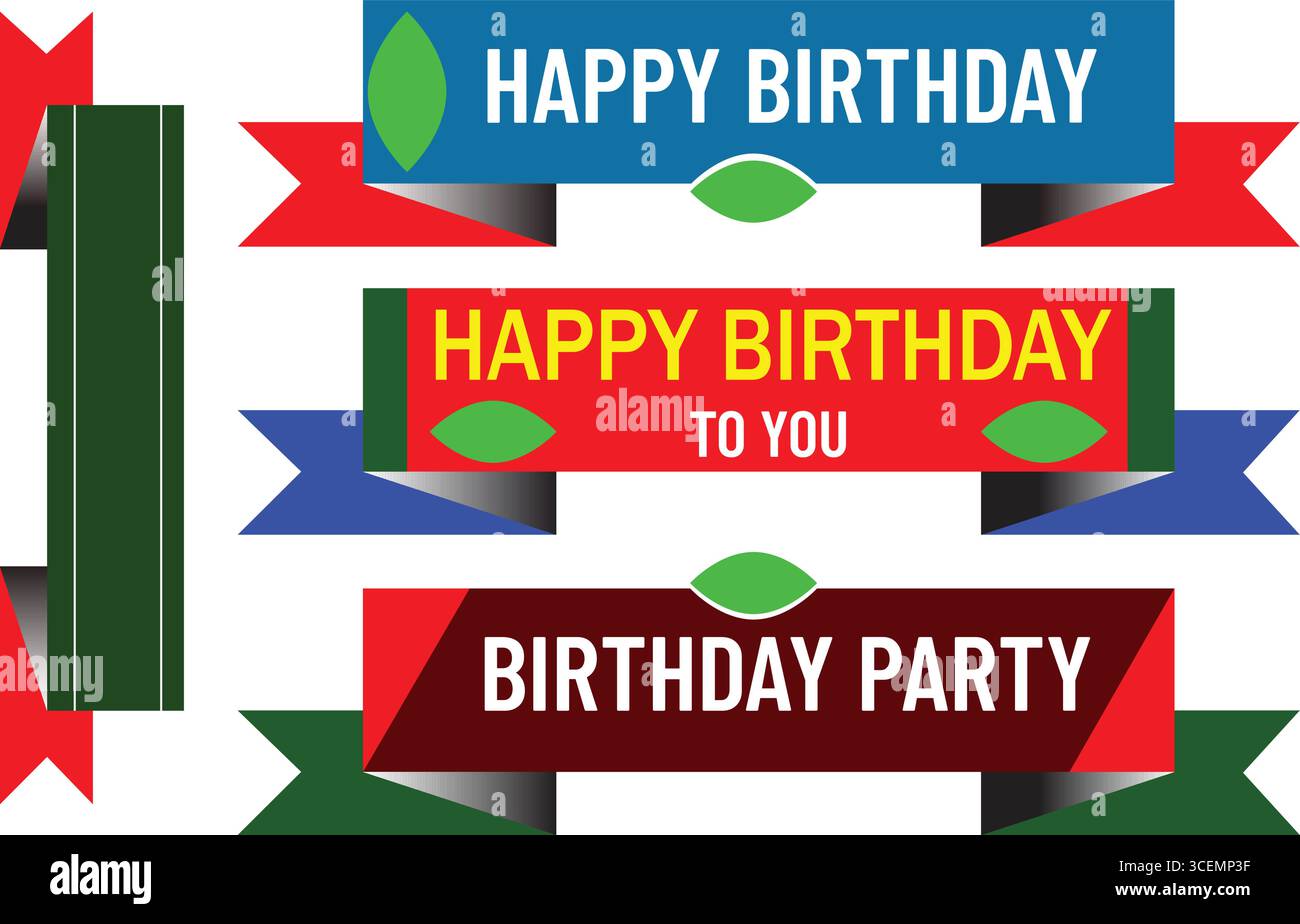Bunte Happy Birthday Party Vektor Banner mit Festband und Typografieetiketten für festliche Einladung Karte Design und dekorative Veranstaltung gr Stock Vektor