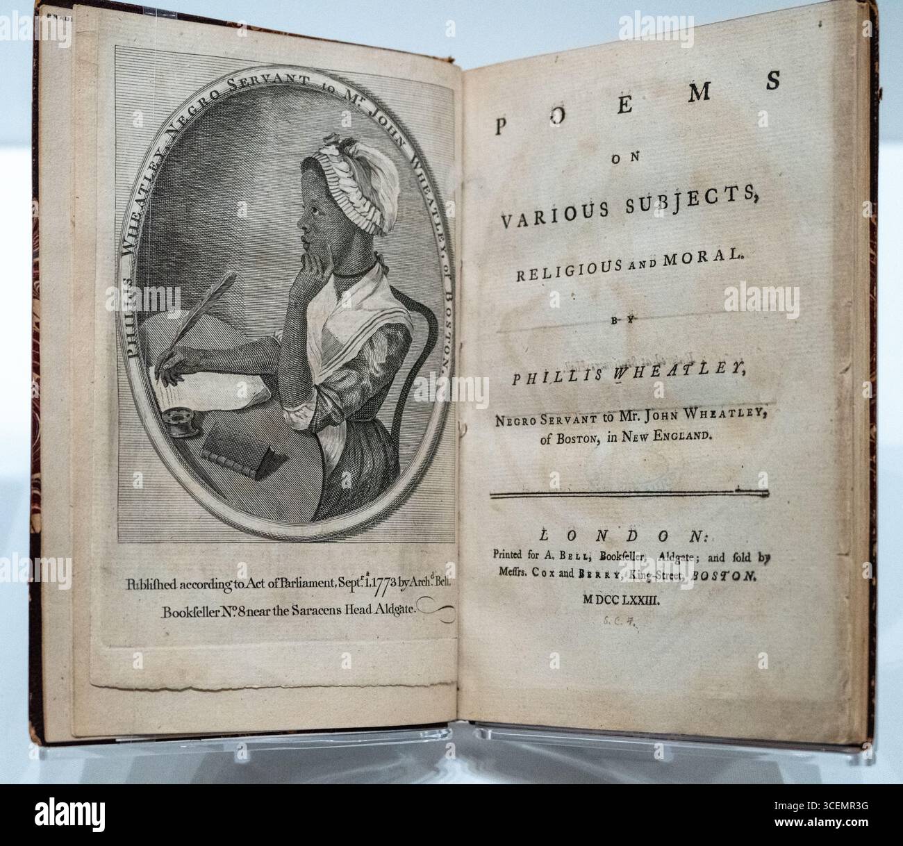 Seltenes Buch, Gedichte zu verschiedenen Themen, religiös und moralisch von Phillis Wheatley, New York Public Library Archive Stockfoto