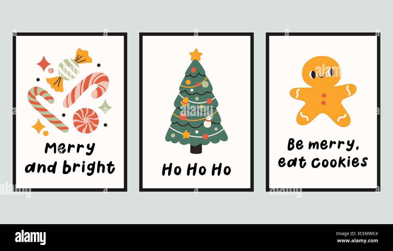 Sammlung von drei einfachen Neujahrs- und Weihnachtsplakaten. Trendige Winter Vektor Poster Set mit Zitaten. Handgezeichnete Kuschelplakate für Wohnkultur Stock Vektor