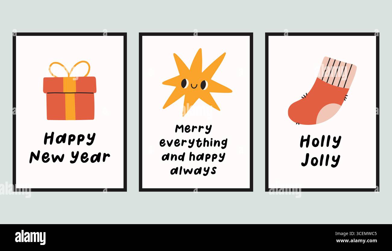 Sammlung von drei einfachen Neujahrs- und Weihnachtsplakaten. Trendige Winter Vektor Poster Set mit Zitaten. Handgezeichnete Kuschelplakate für Wohnkultur Stock Vektor